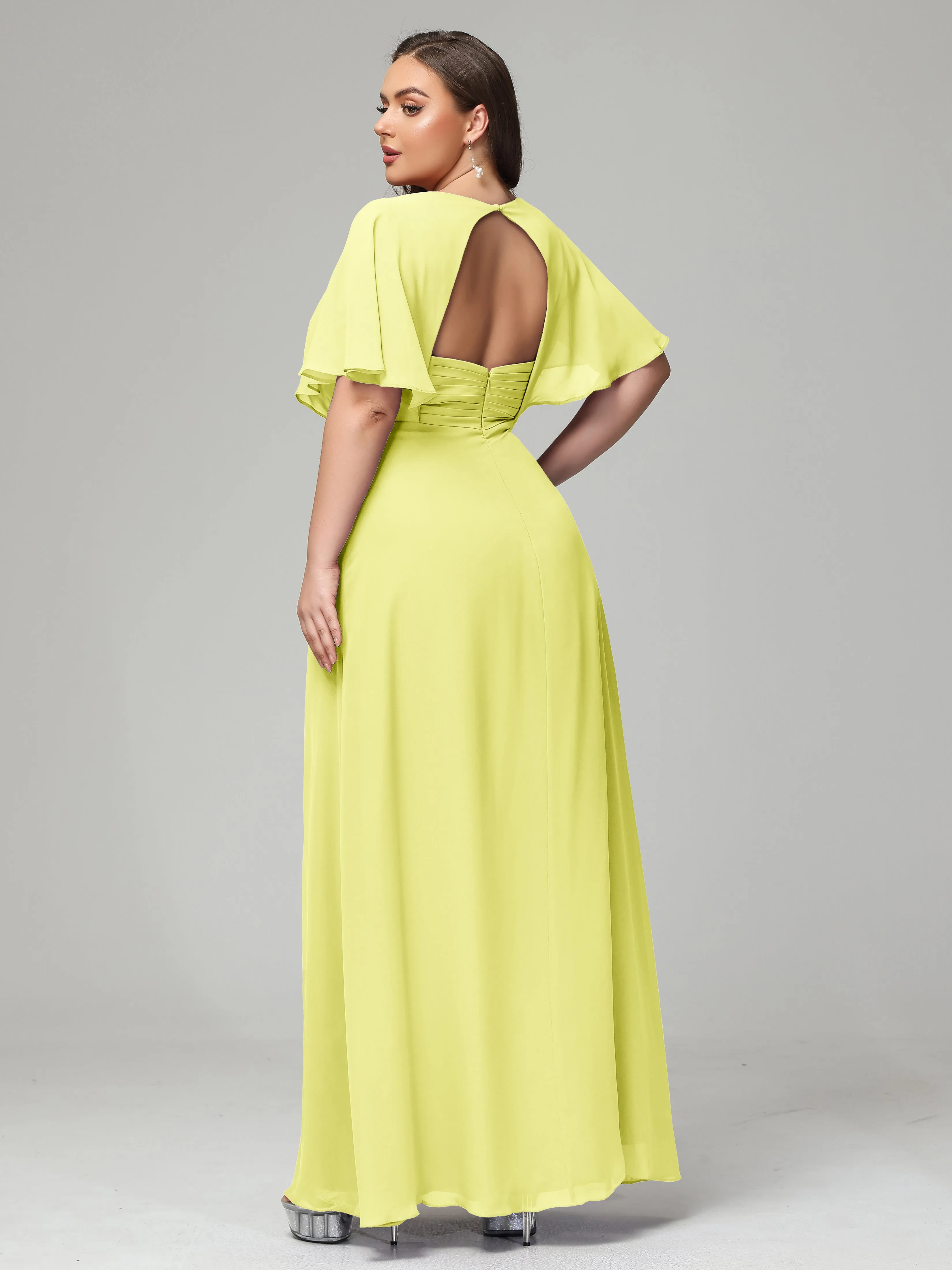 Short Sleeves Chiffon Split Long Plus Bridesmaid Dresses