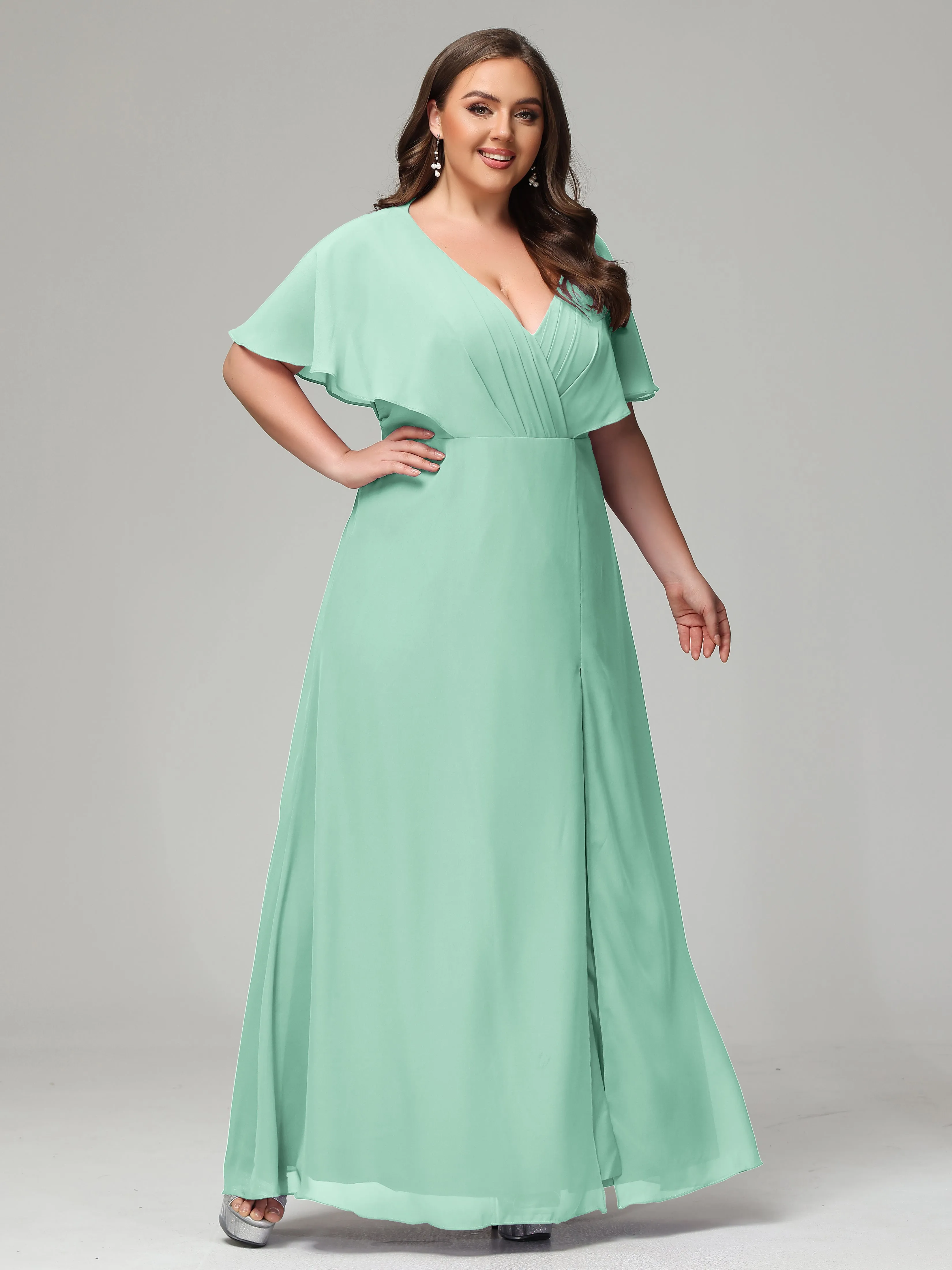 Short Sleeves Chiffon Split Long Plus Bridesmaid Dresses