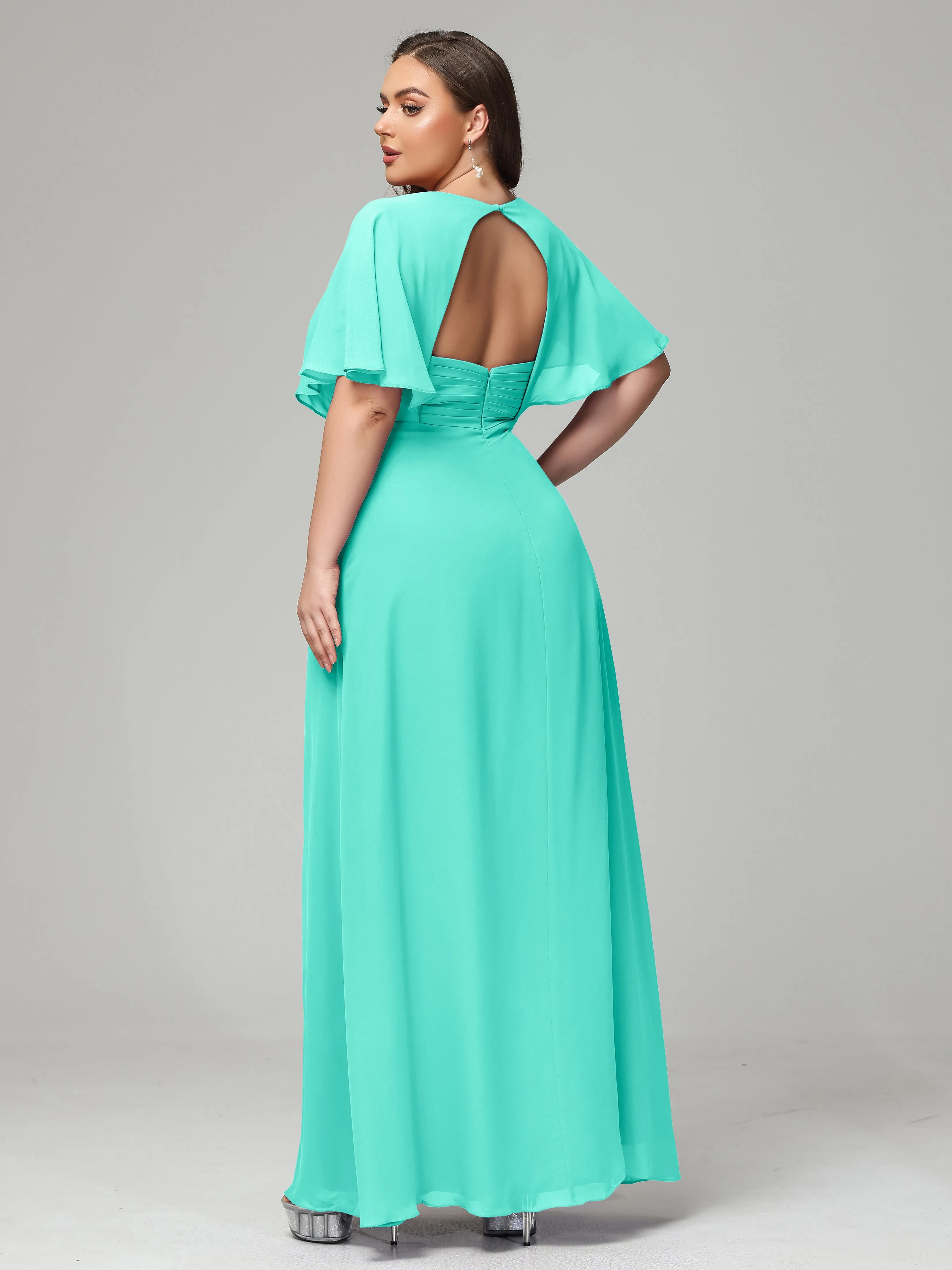 Short Sleeves Chiffon Split Long Plus Bridesmaid Dresses