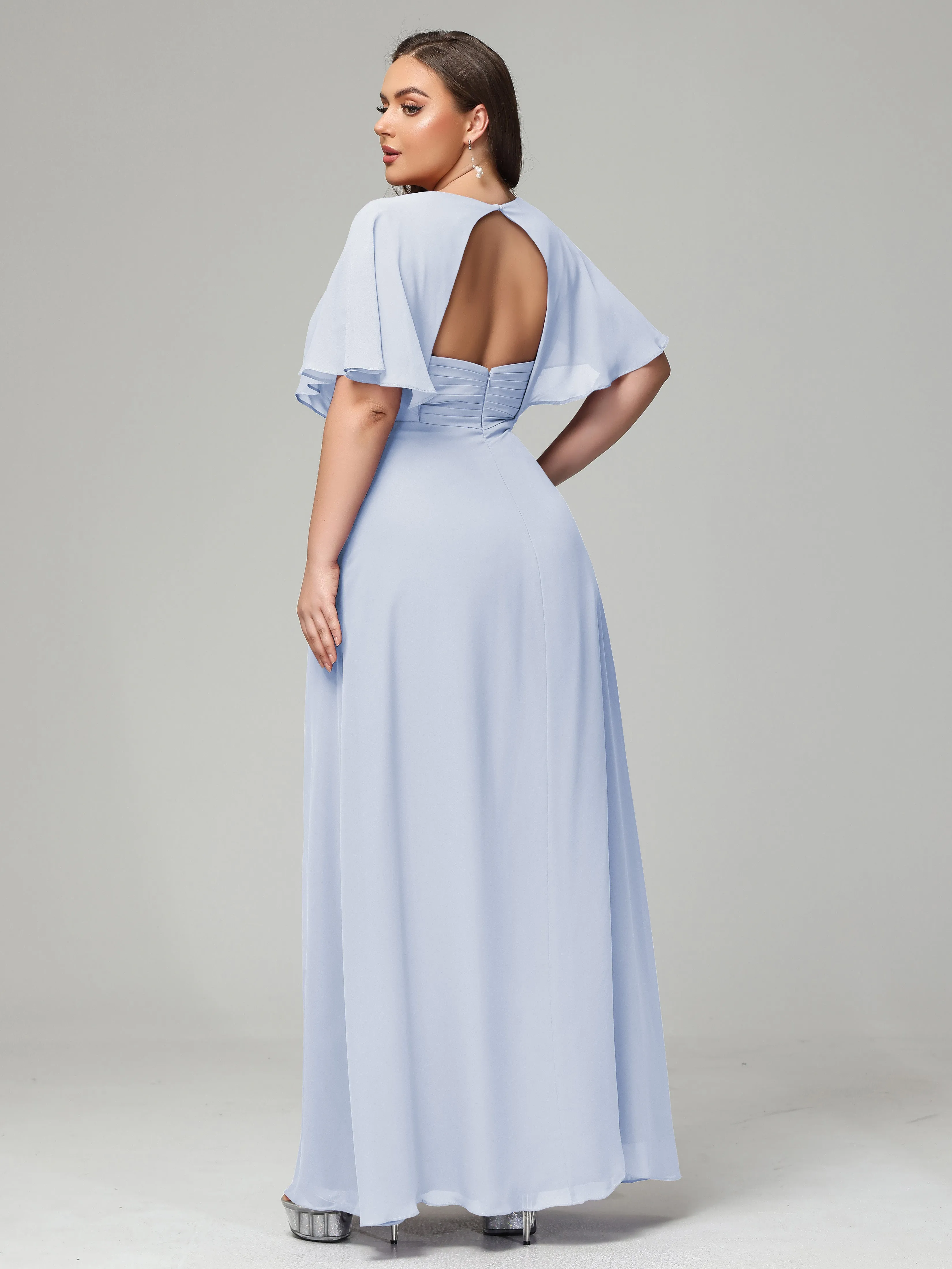 Short Sleeves Chiffon Split Long Plus Bridesmaid Dresses