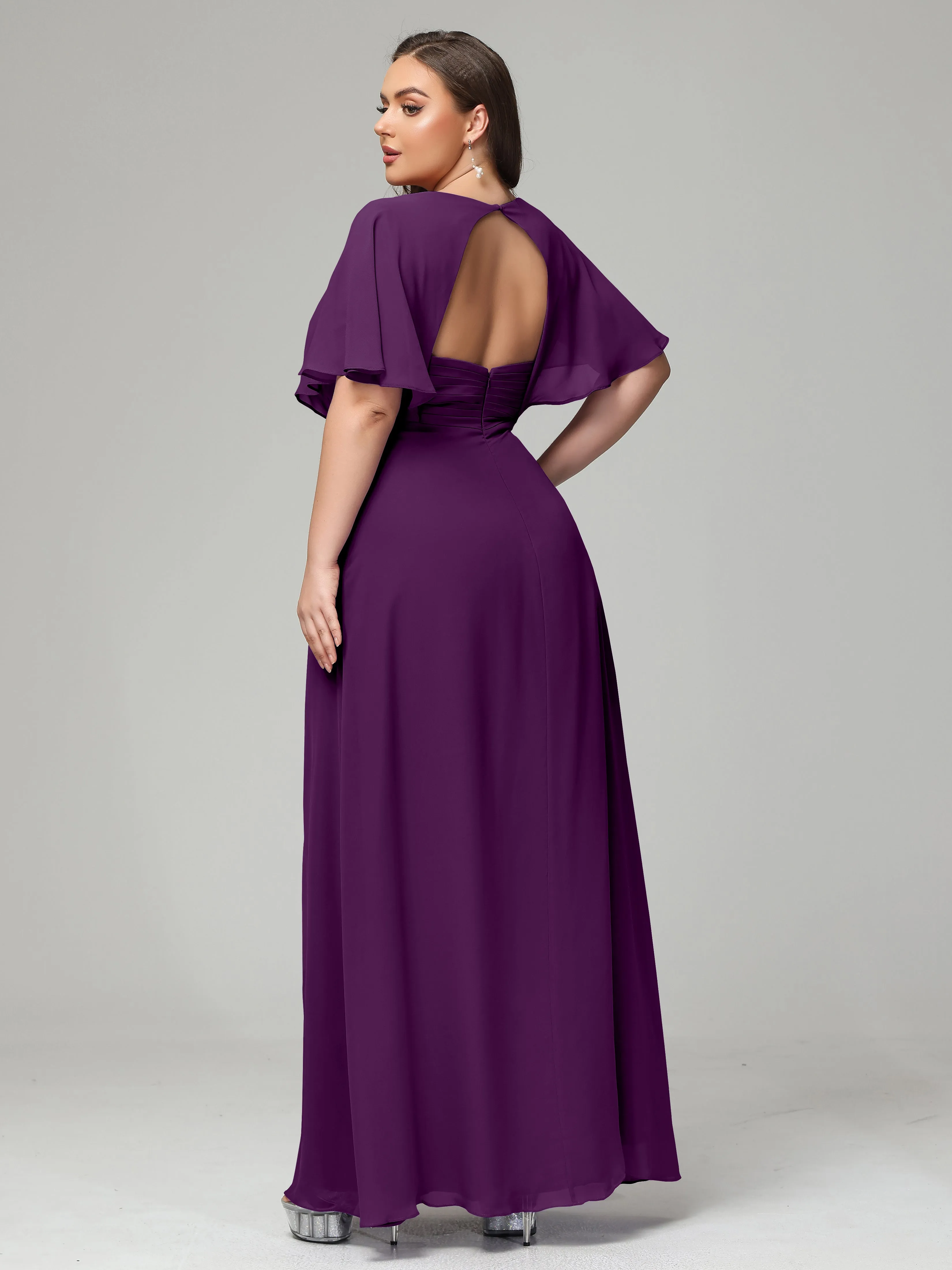 Short Sleeves Chiffon Split Long Plus Bridesmaid Dresses