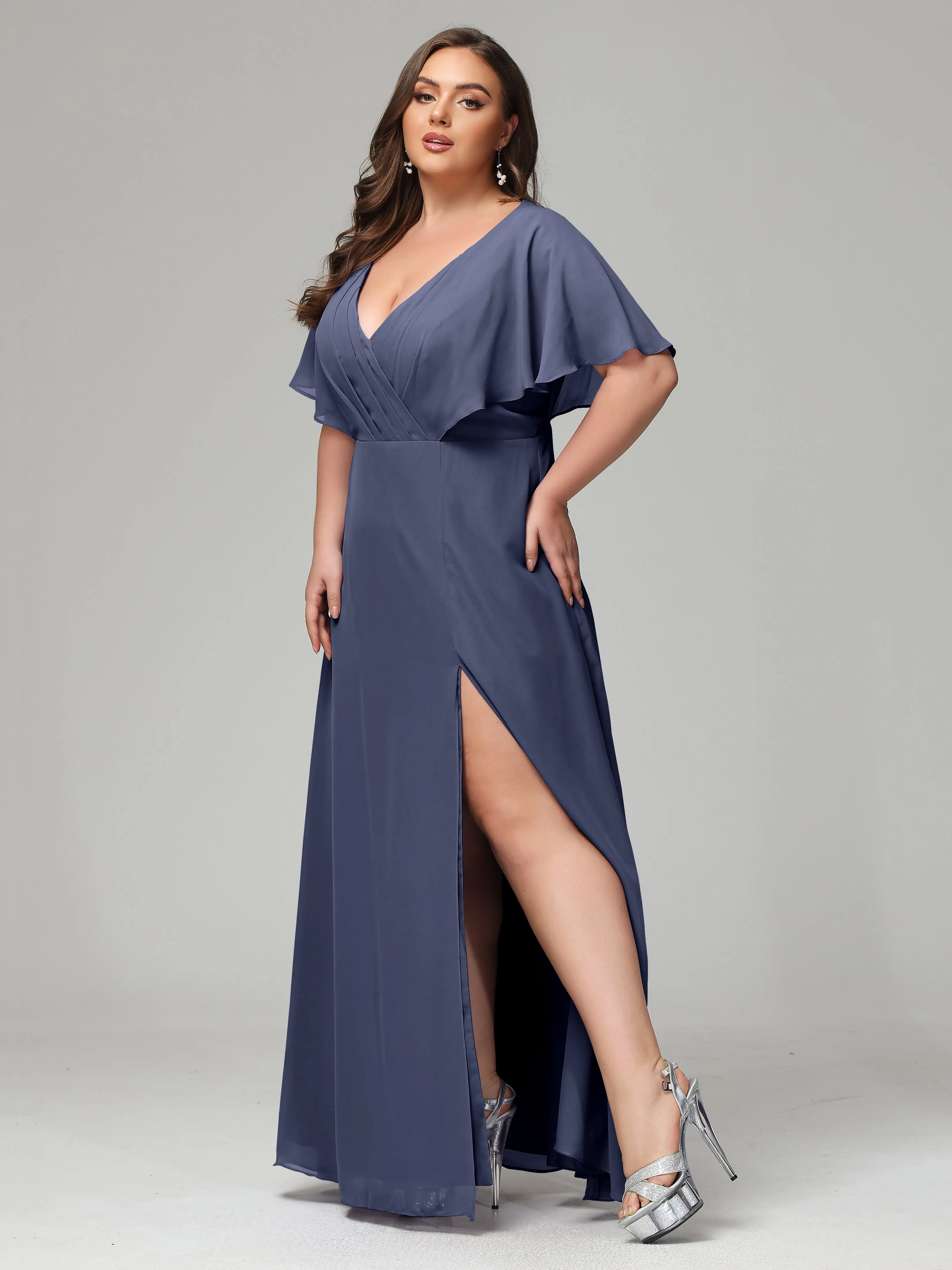 Short Sleeves Chiffon Split Long Plus Bridesmaid Dresses