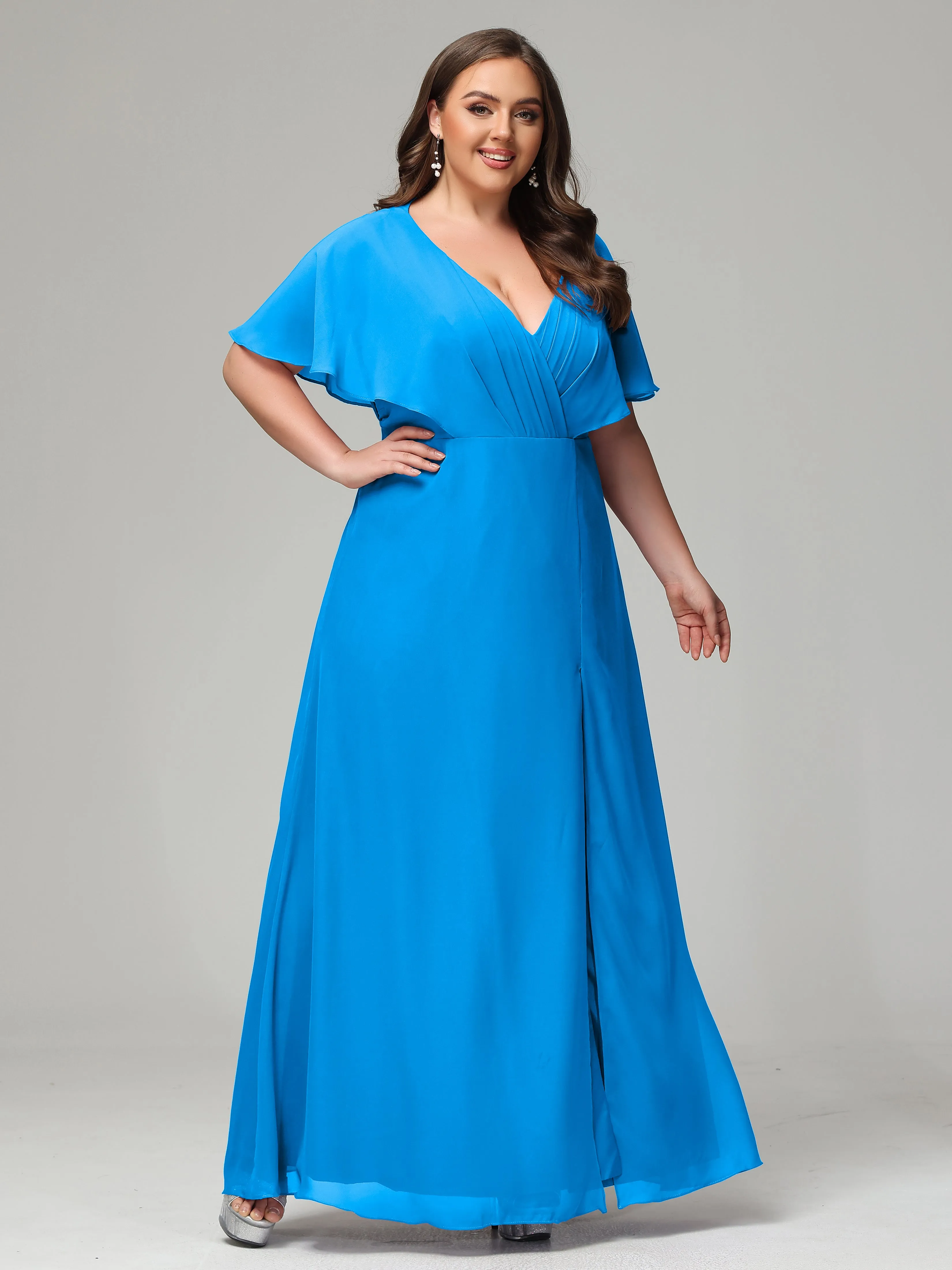 Short Sleeves Chiffon Split Long Plus Bridesmaid Dresses
