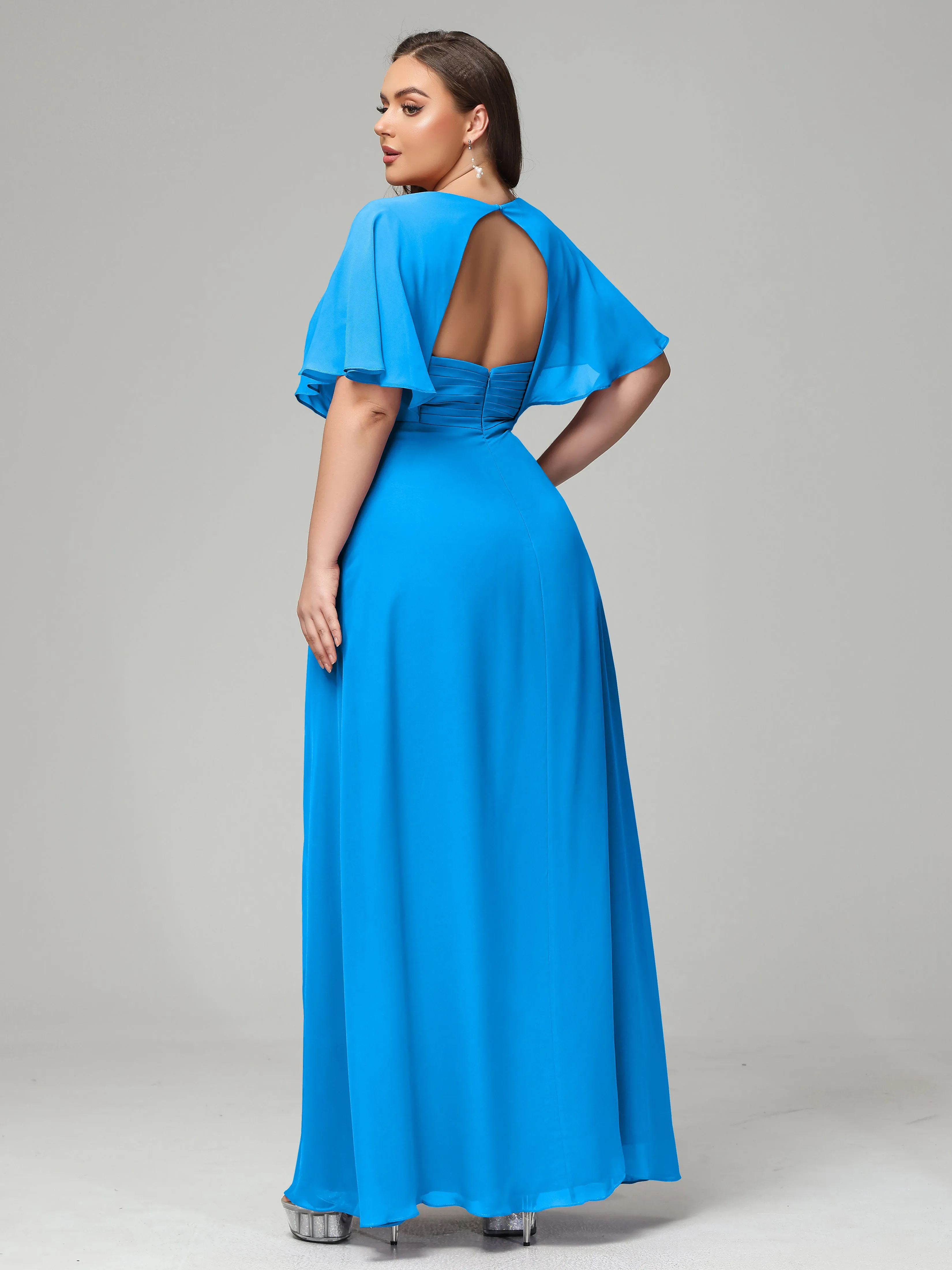 Short Sleeves Chiffon Split Long Plus Bridesmaid Dresses
