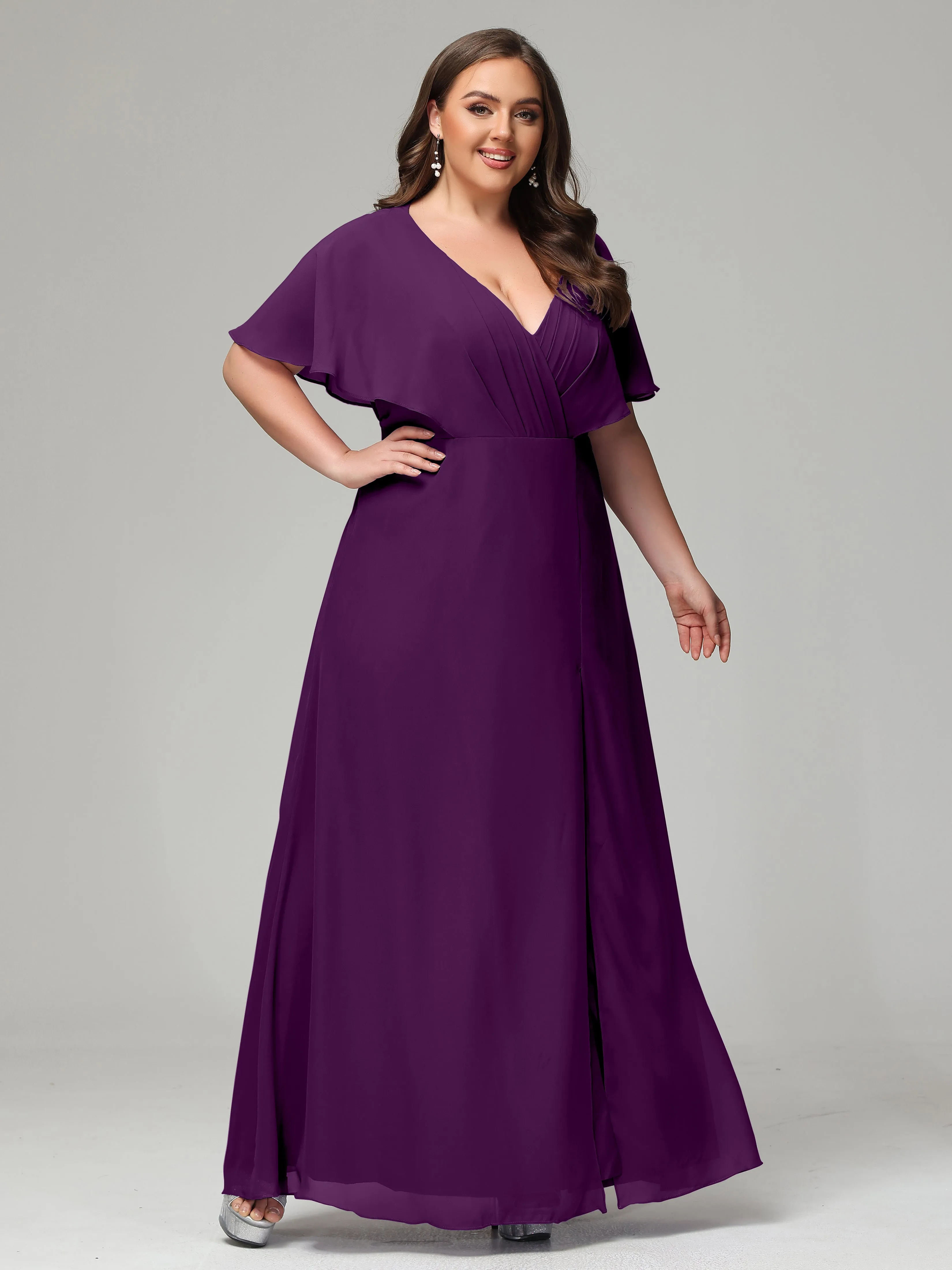Short Sleeves Chiffon Split Long Plus Bridesmaid Dresses