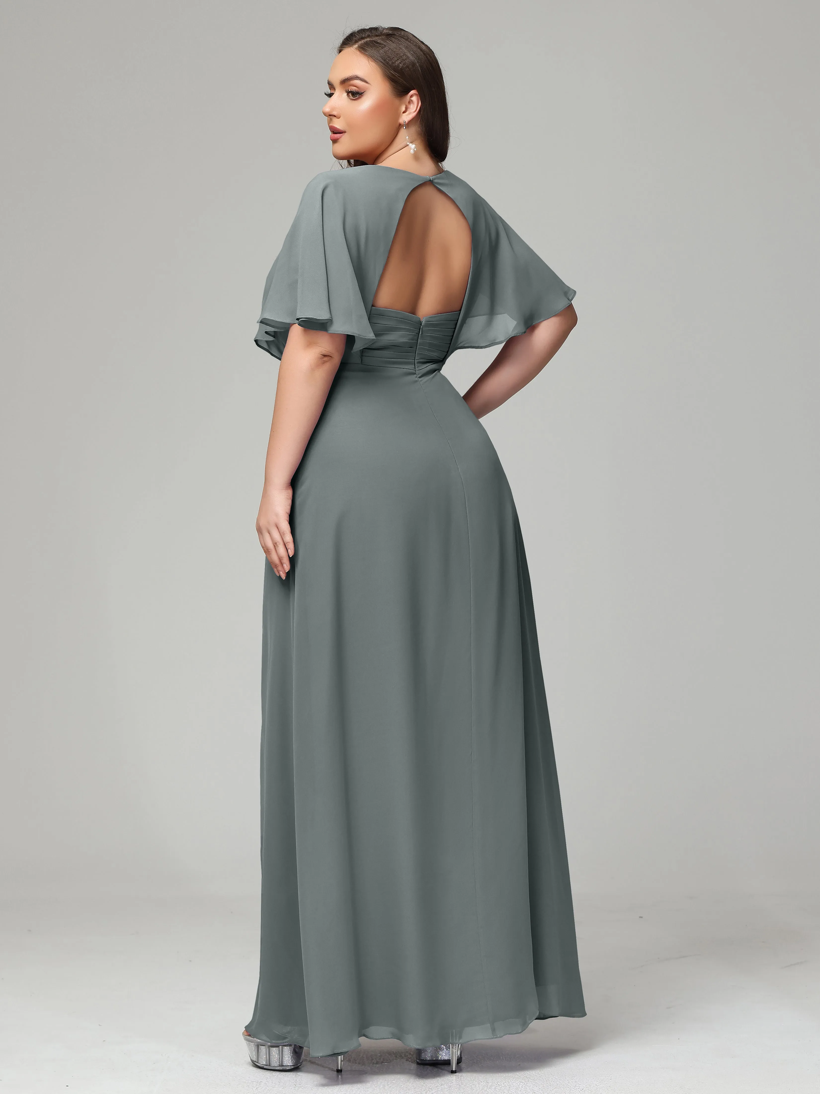 Short Sleeves Chiffon Split Long Plus Bridesmaid Dresses