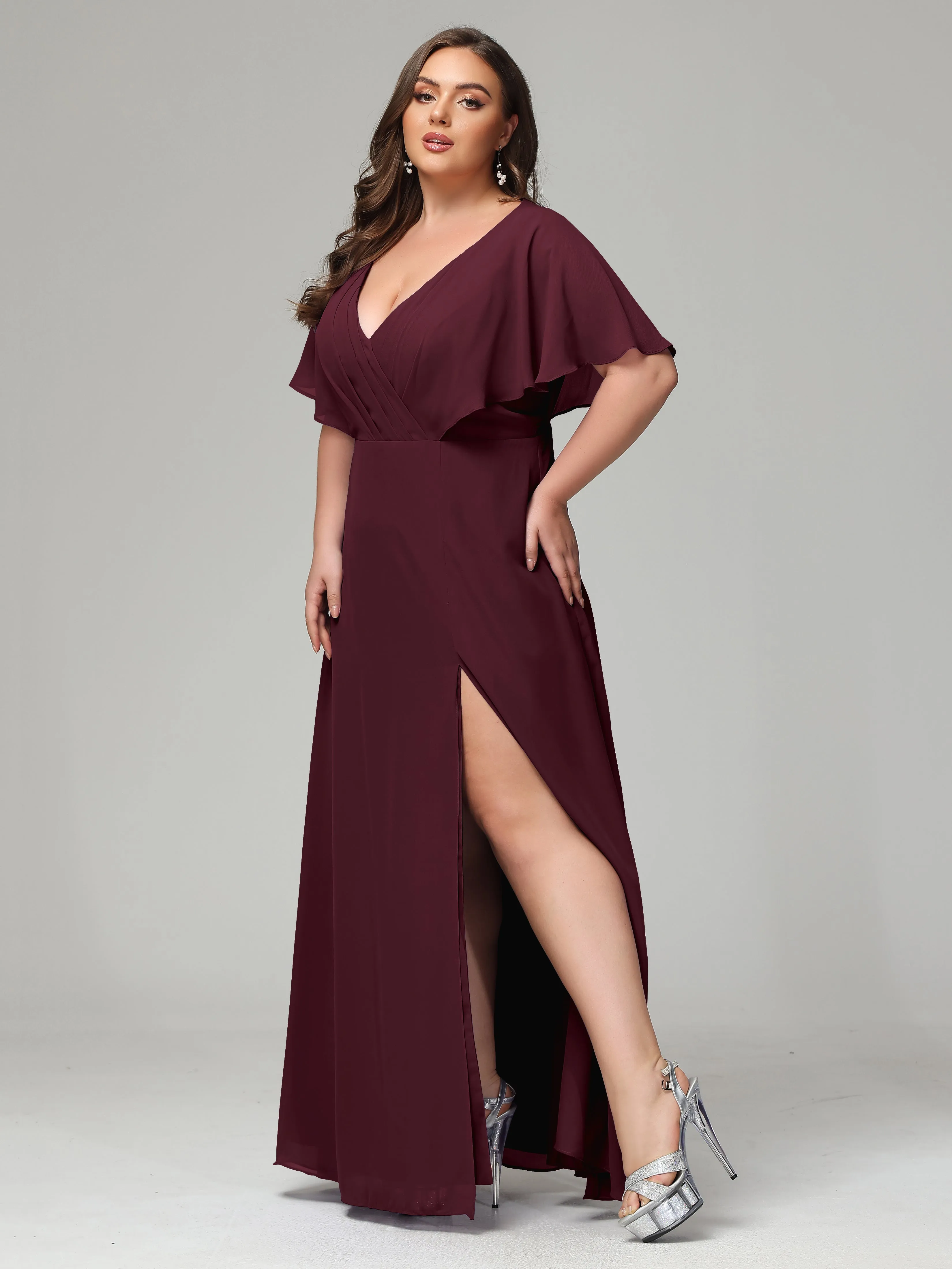 Short Sleeves Chiffon Split Long Plus Bridesmaid Dresses