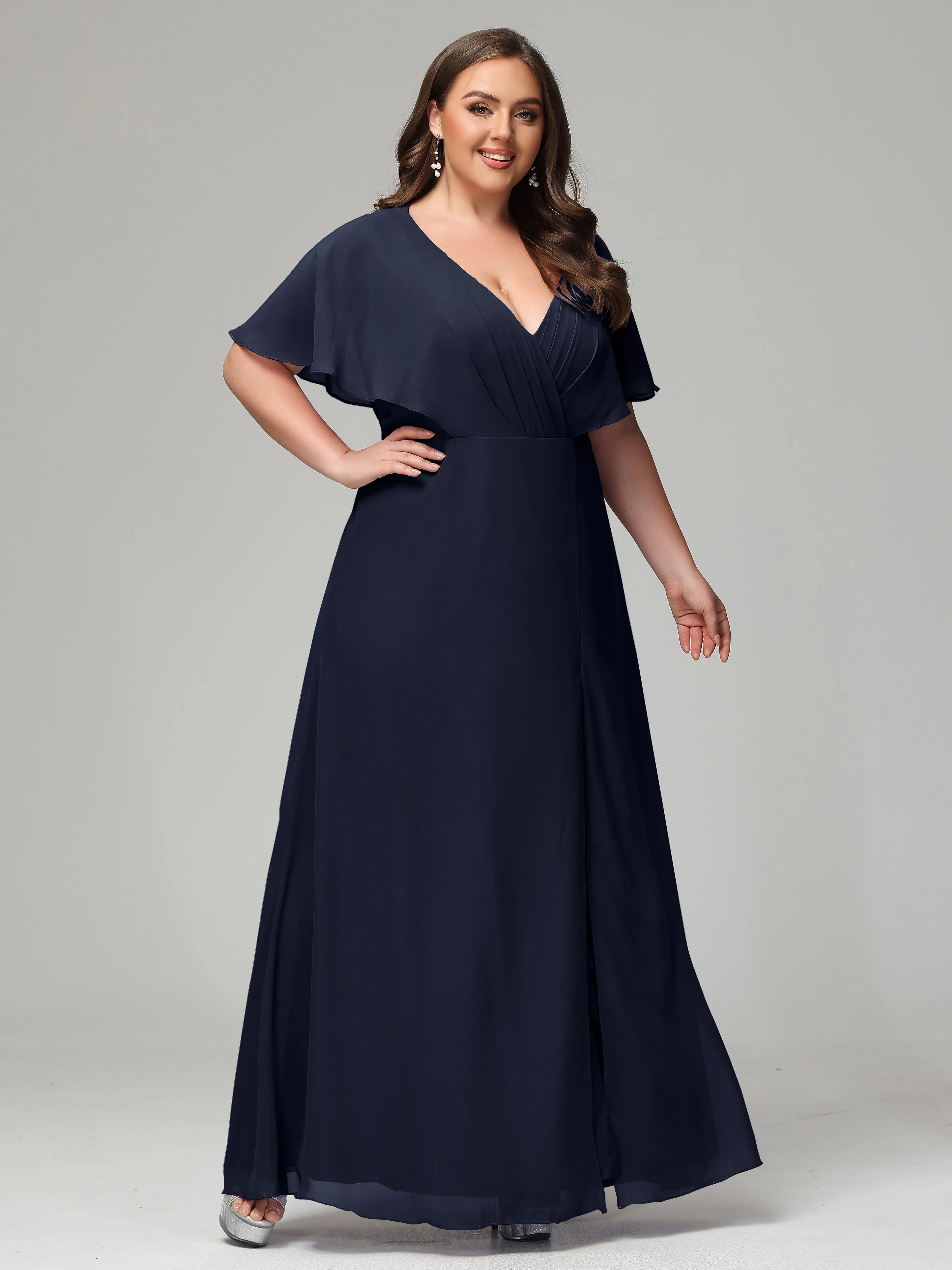 Short Sleeves Chiffon Split Long Plus Bridesmaid Dresses