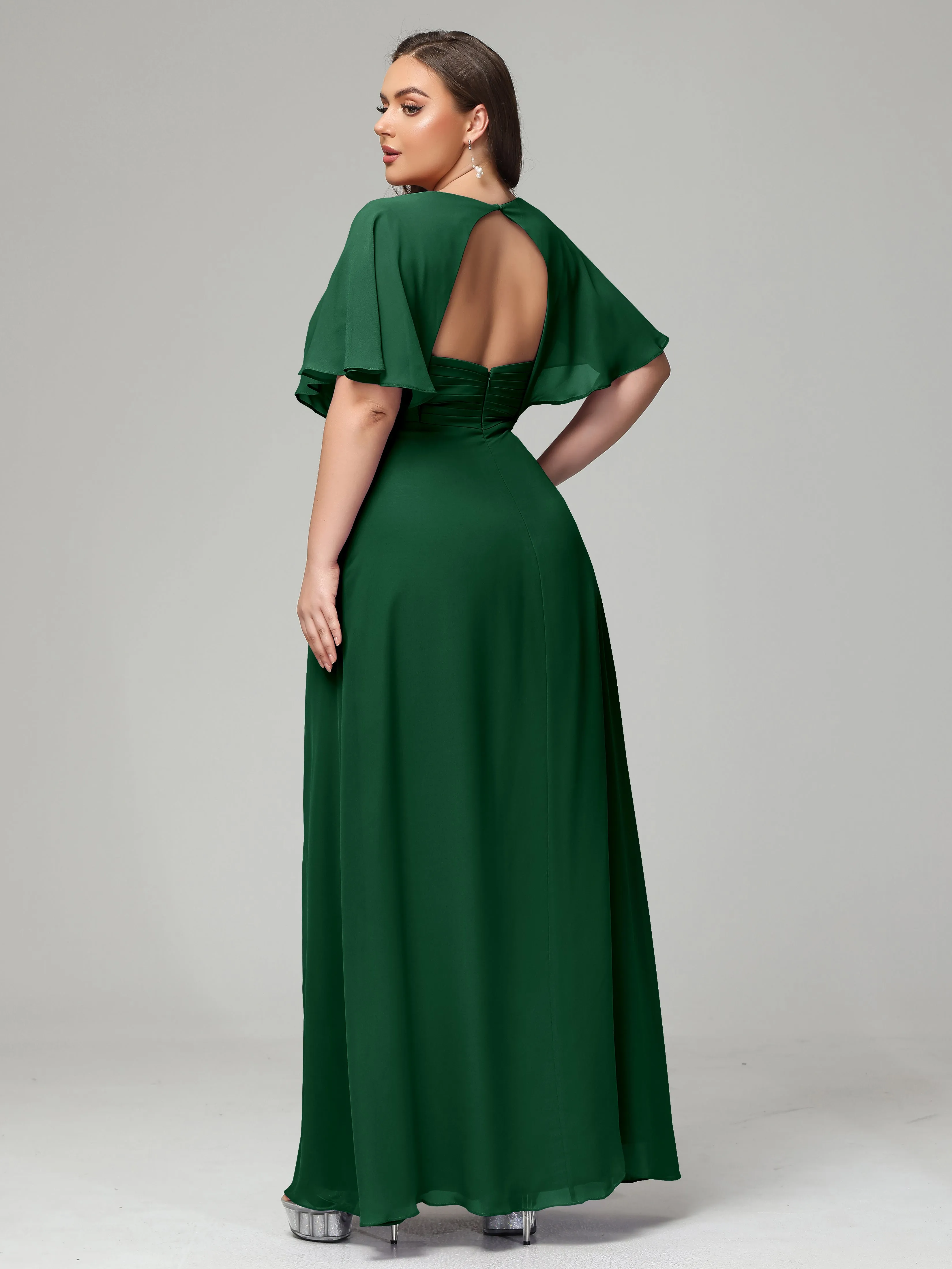 Short Sleeves Chiffon Split Long Plus Bridesmaid Dresses