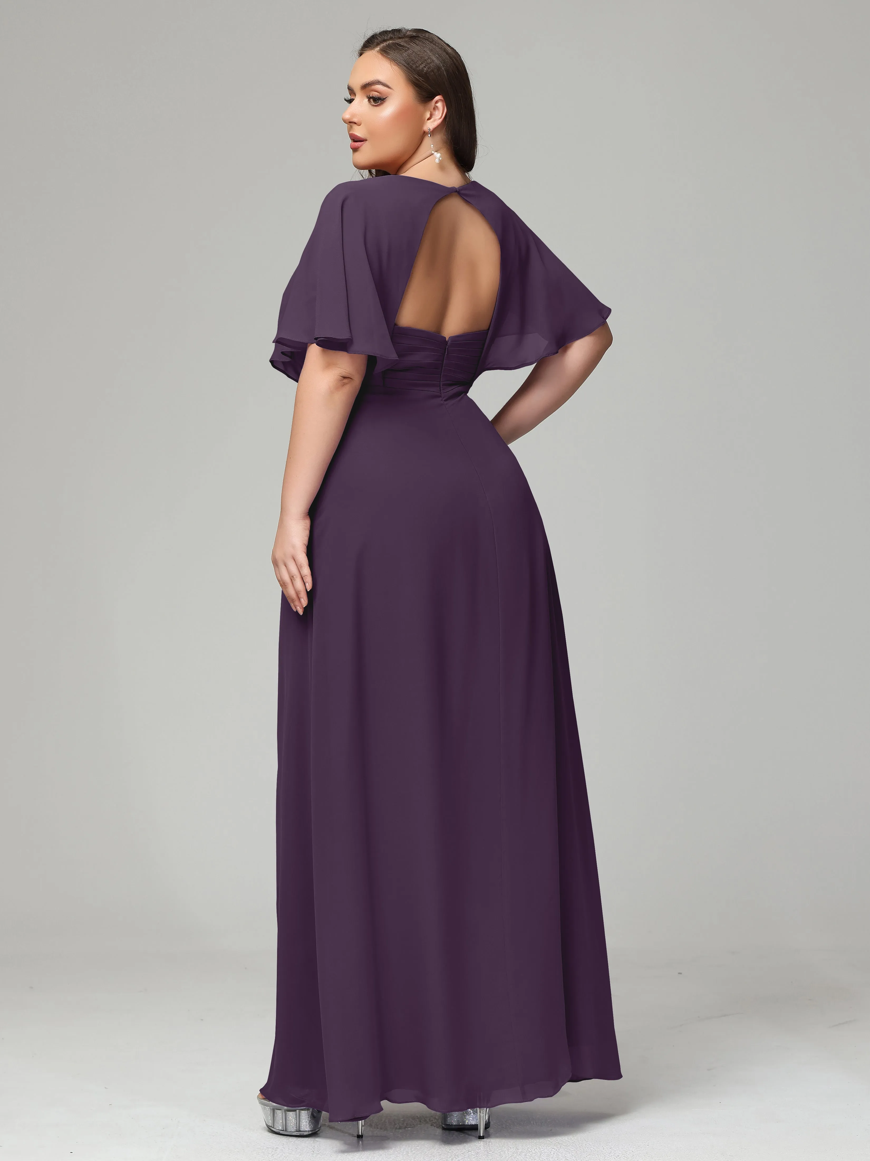 Short Sleeves Chiffon Split Long Plus Bridesmaid Dresses