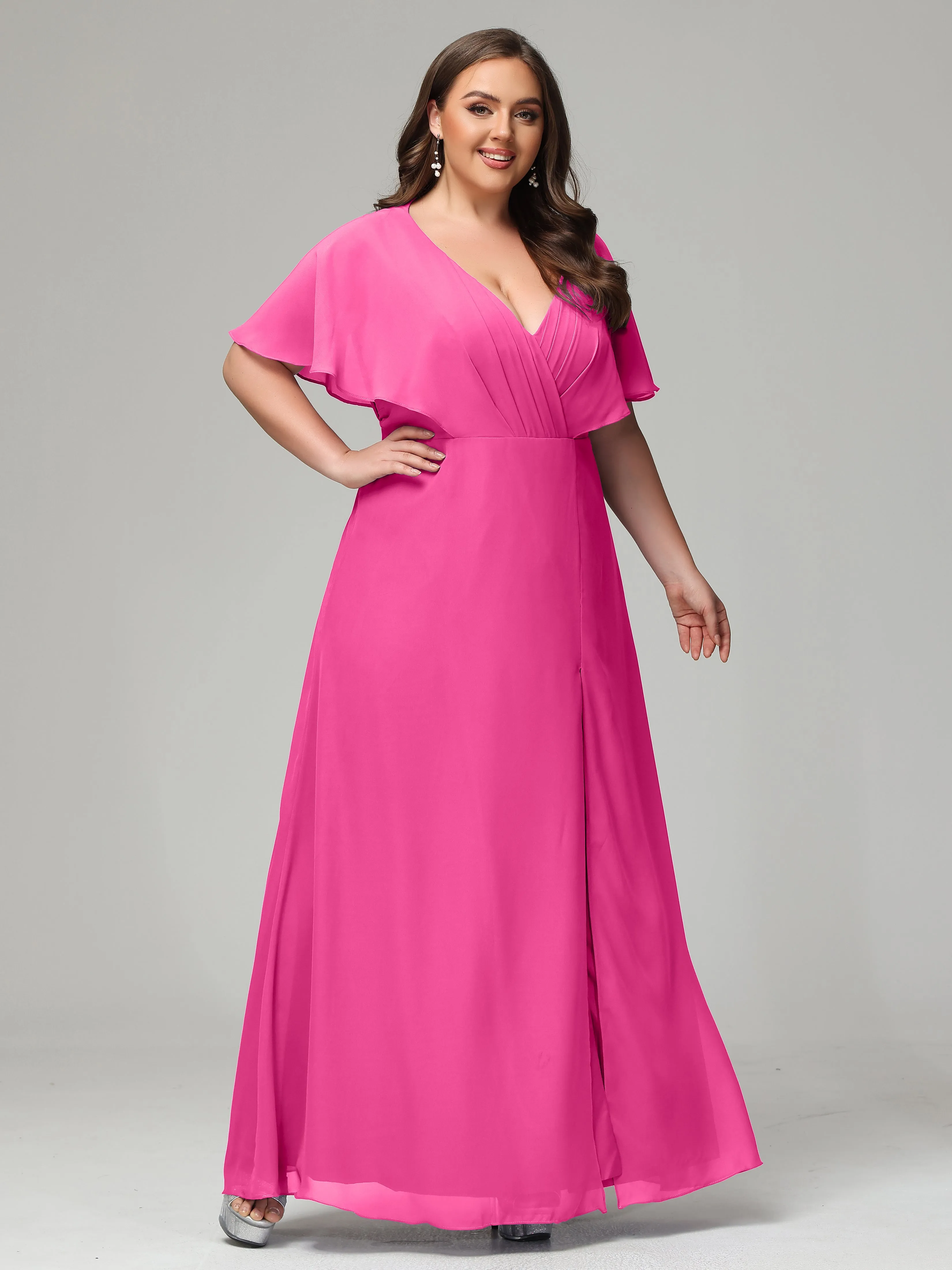 Short Sleeves Chiffon Split Long Plus Bridesmaid Dresses