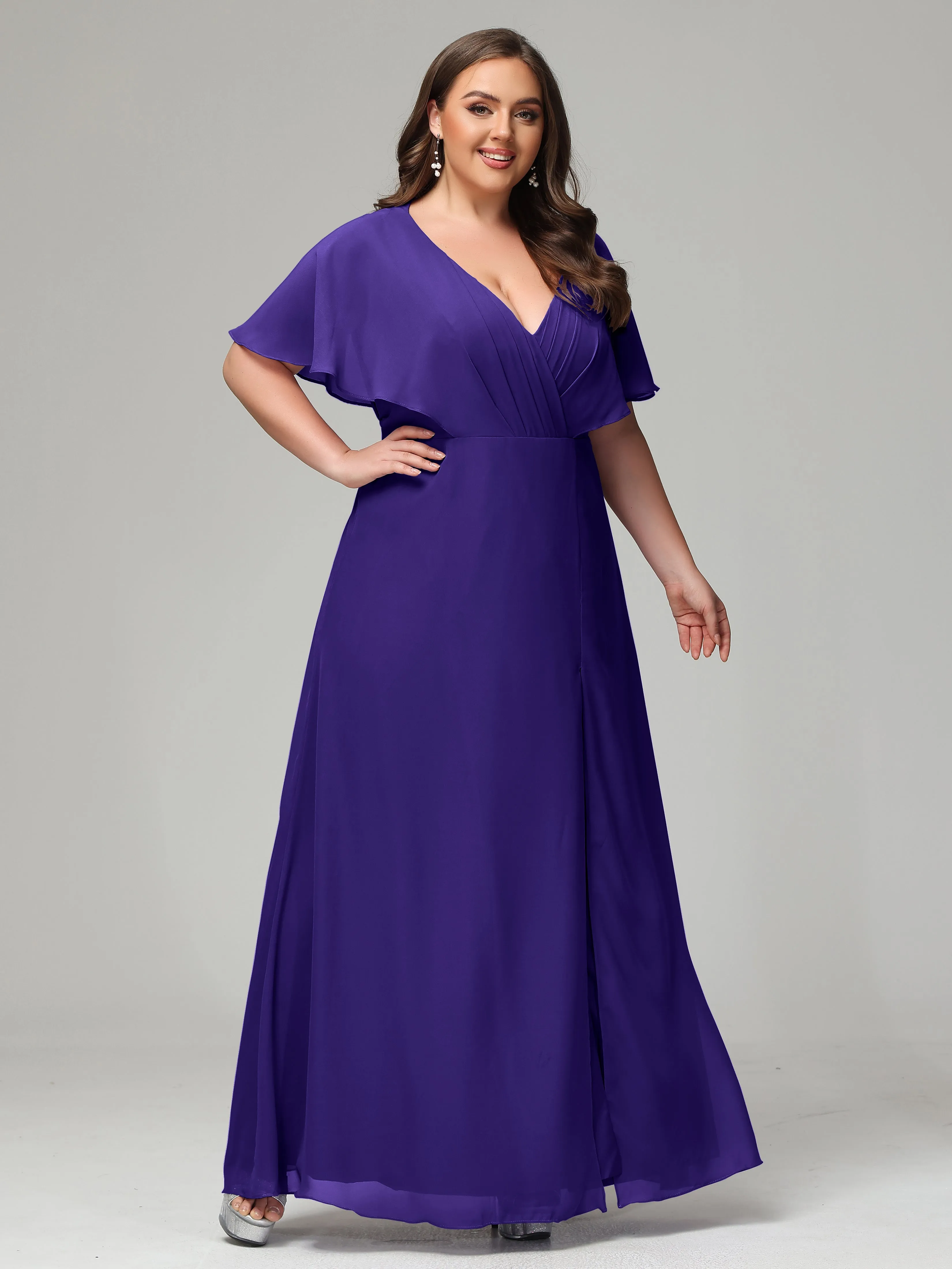 Short Sleeves Chiffon Split Long Plus Bridesmaid Dresses