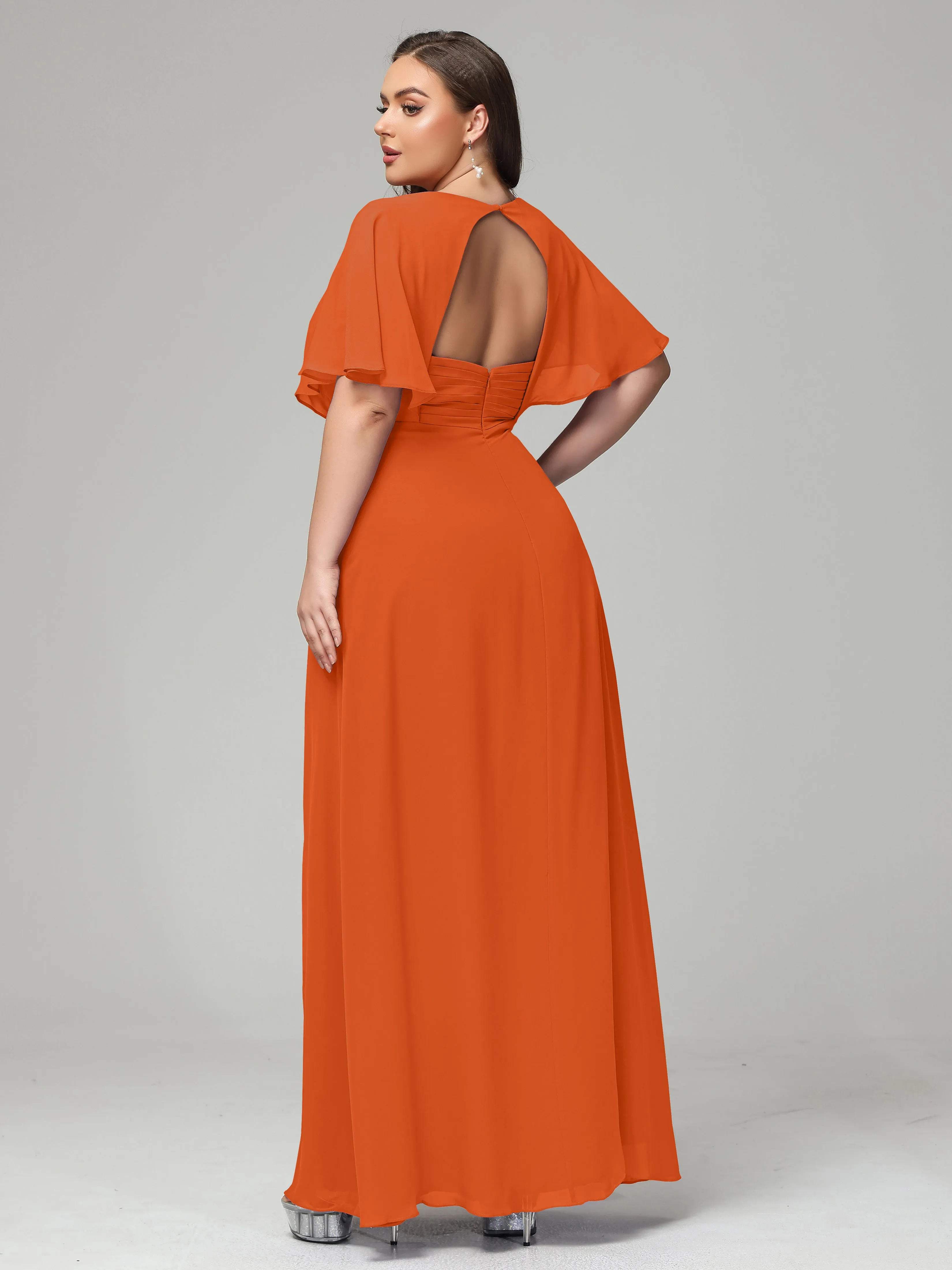 Short Sleeves Chiffon Split Long Plus Bridesmaid Dresses
