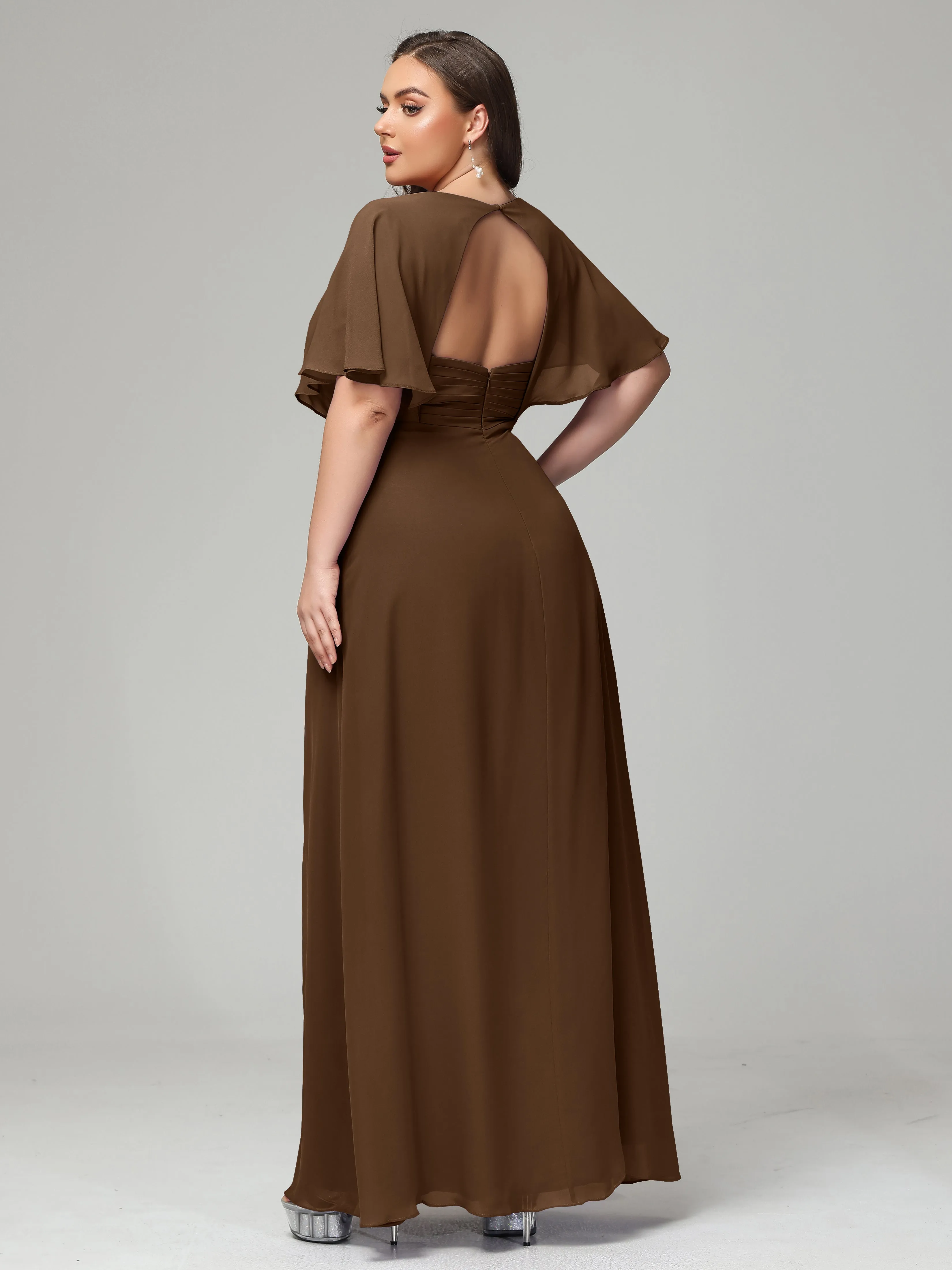Short Sleeves Chiffon Split Long Plus Bridesmaid Dresses
