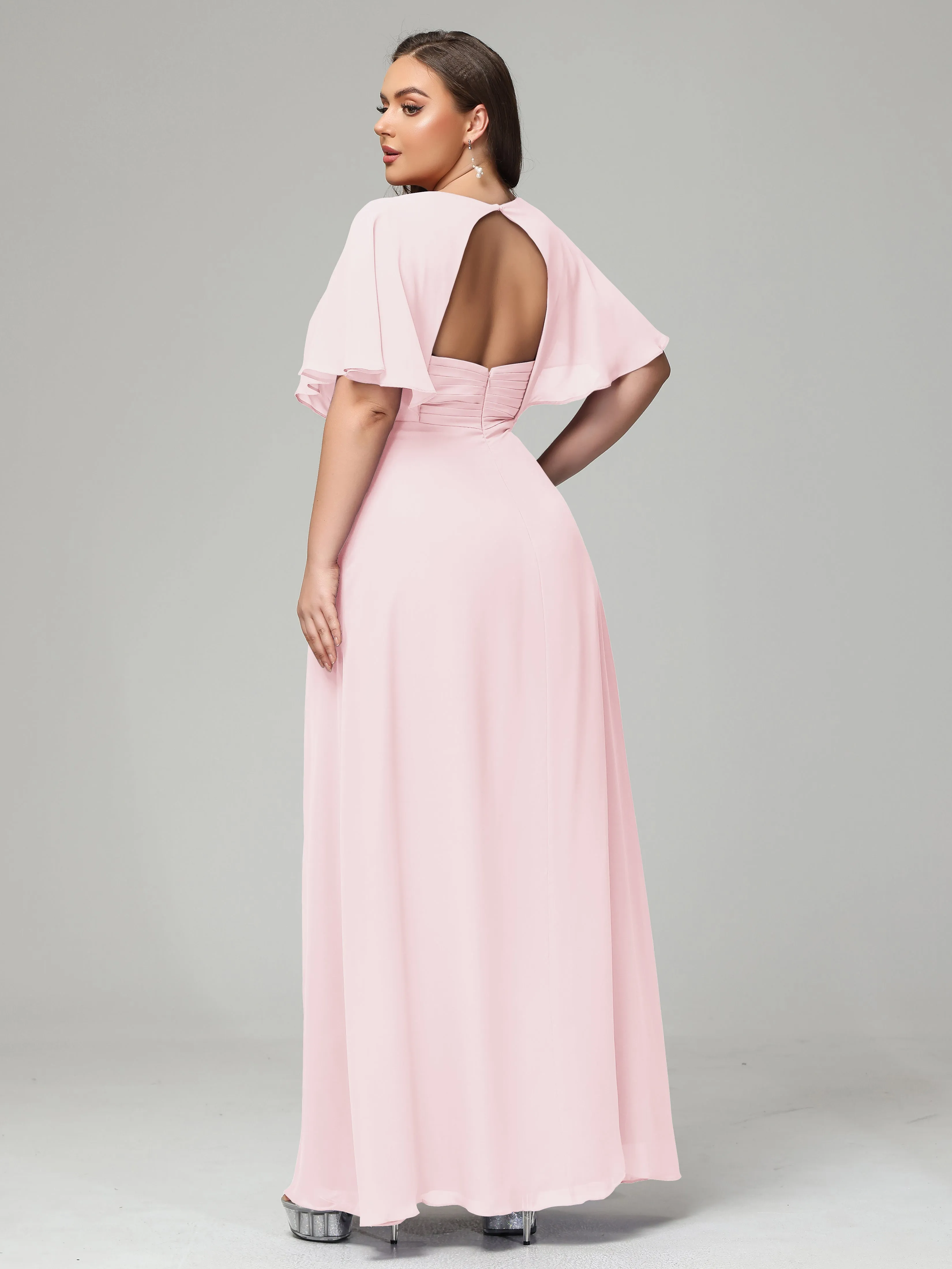Short Sleeves Chiffon Split Long Plus Bridesmaid Dresses