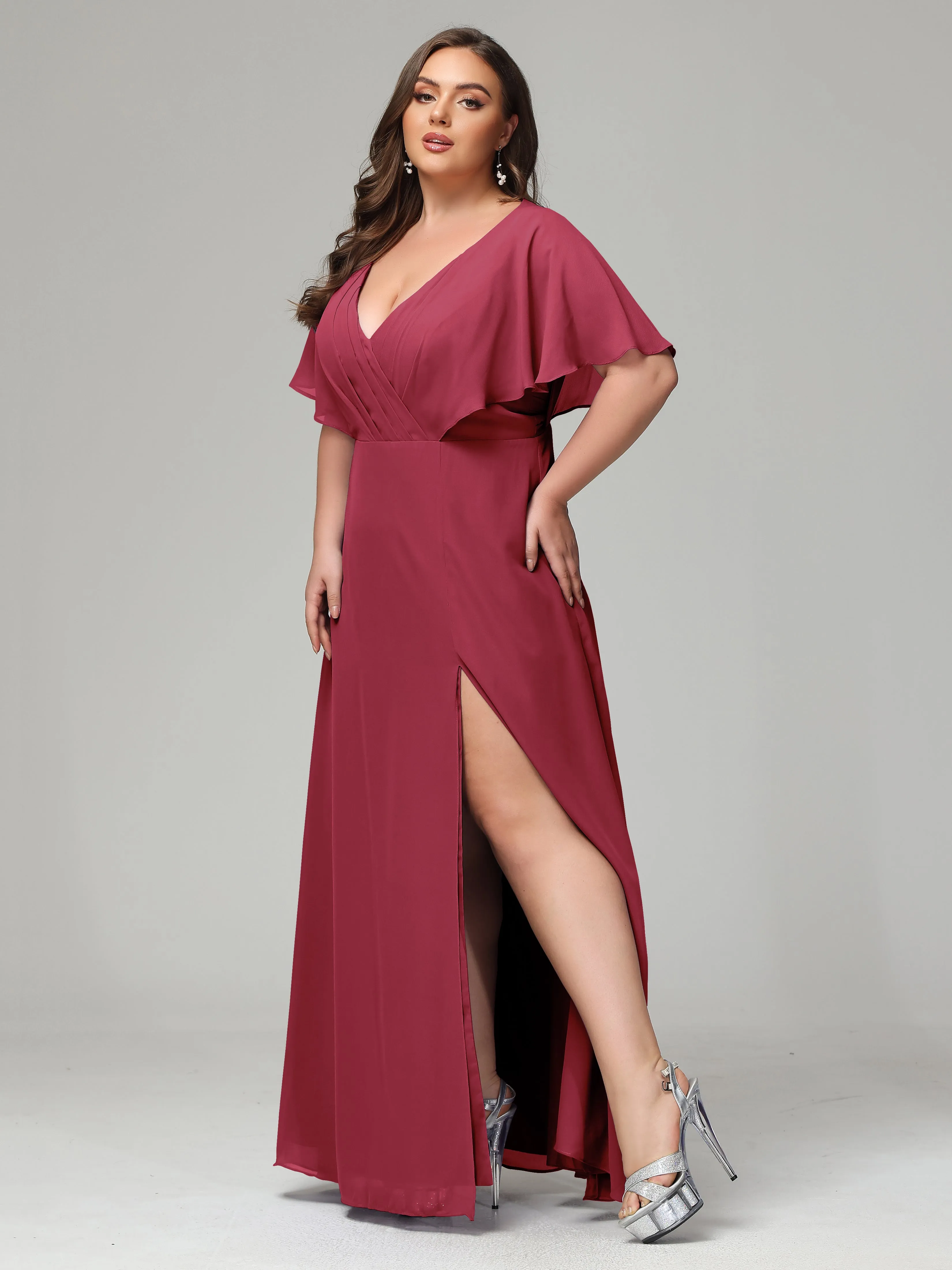 Short Sleeves Chiffon Split Long Plus Bridesmaid Dresses