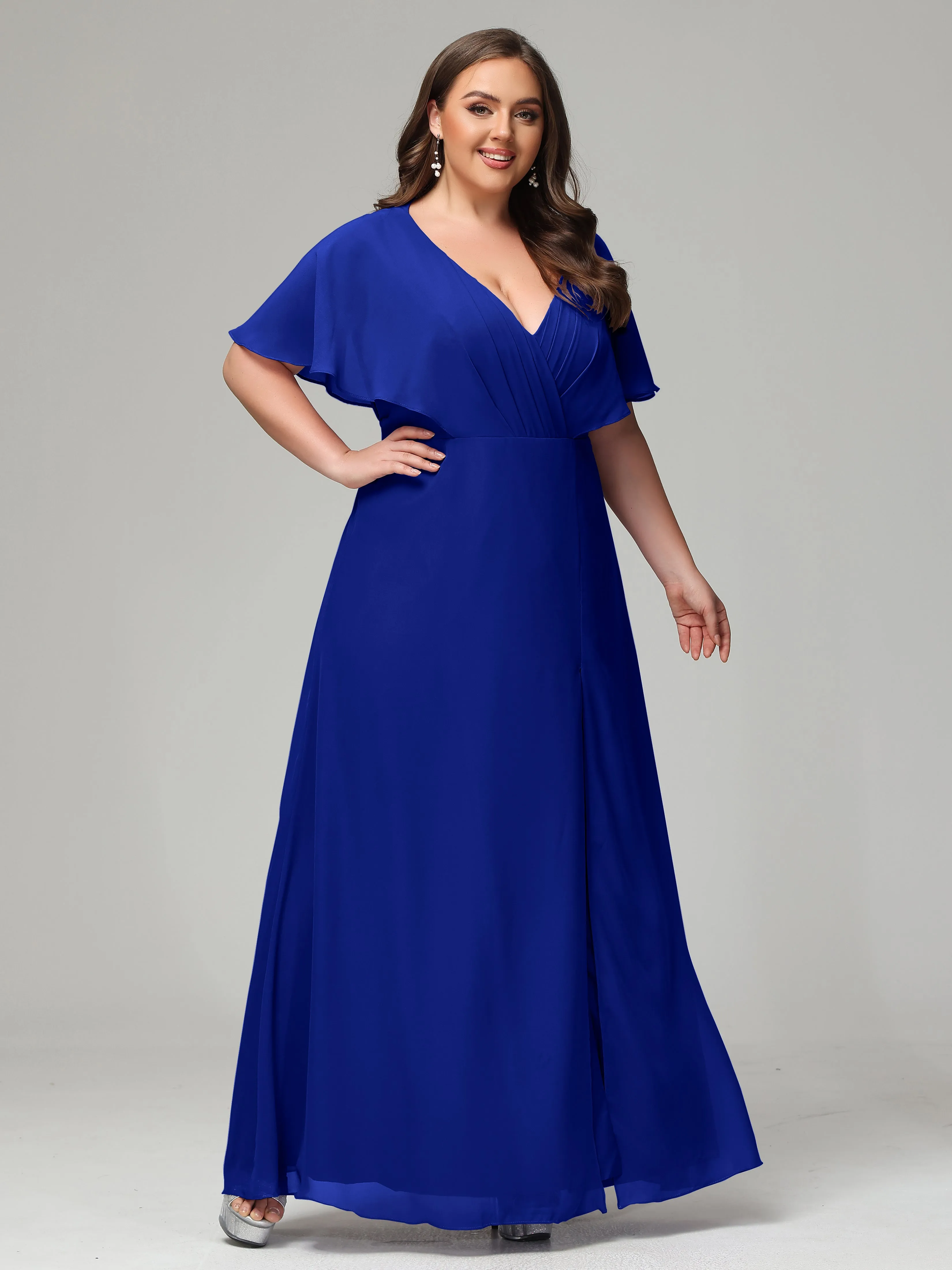 Short Sleeves Chiffon Split Long Plus Bridesmaid Dresses