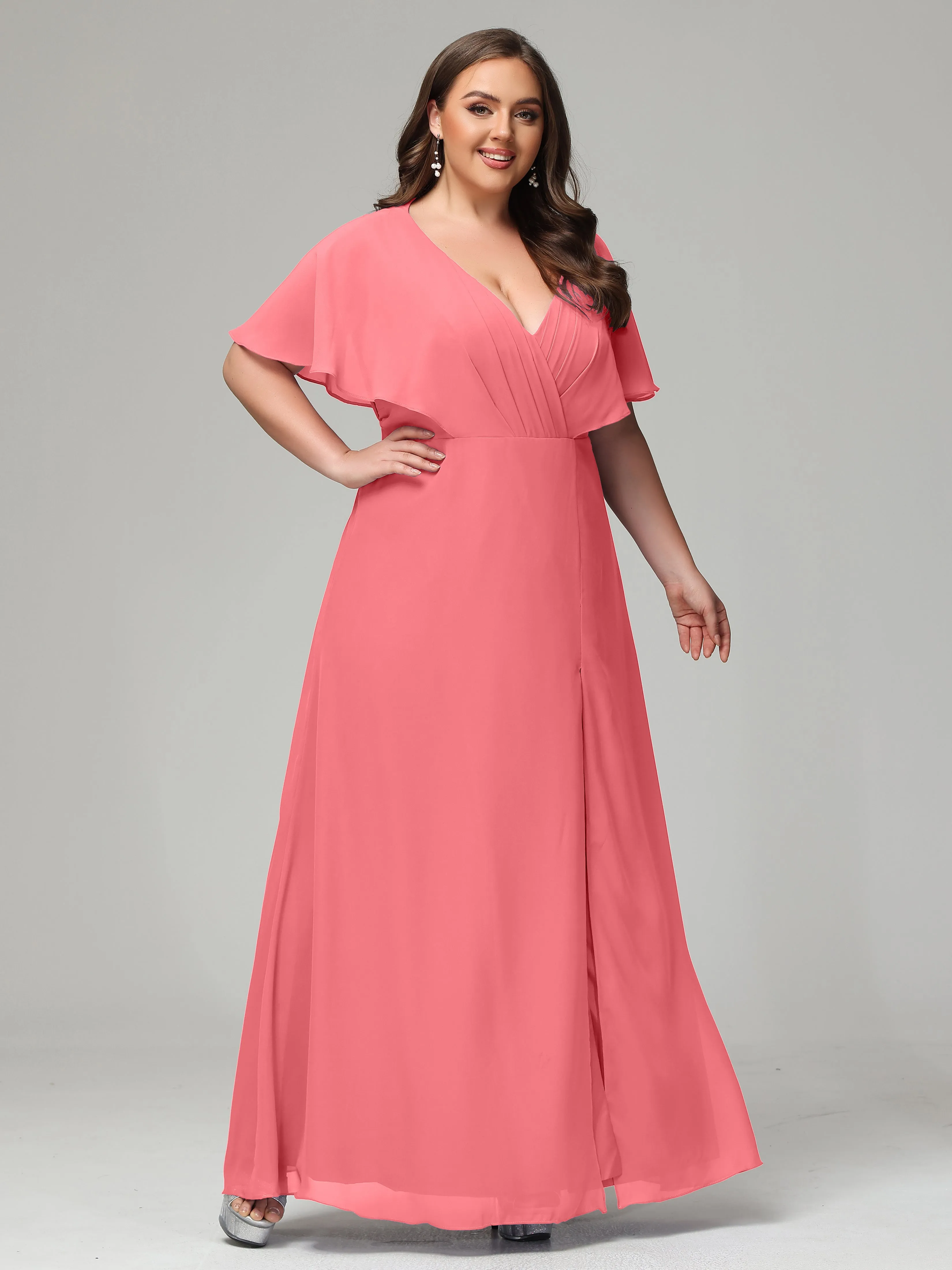 Short Sleeves Chiffon Split Long Plus Bridesmaid Dresses
