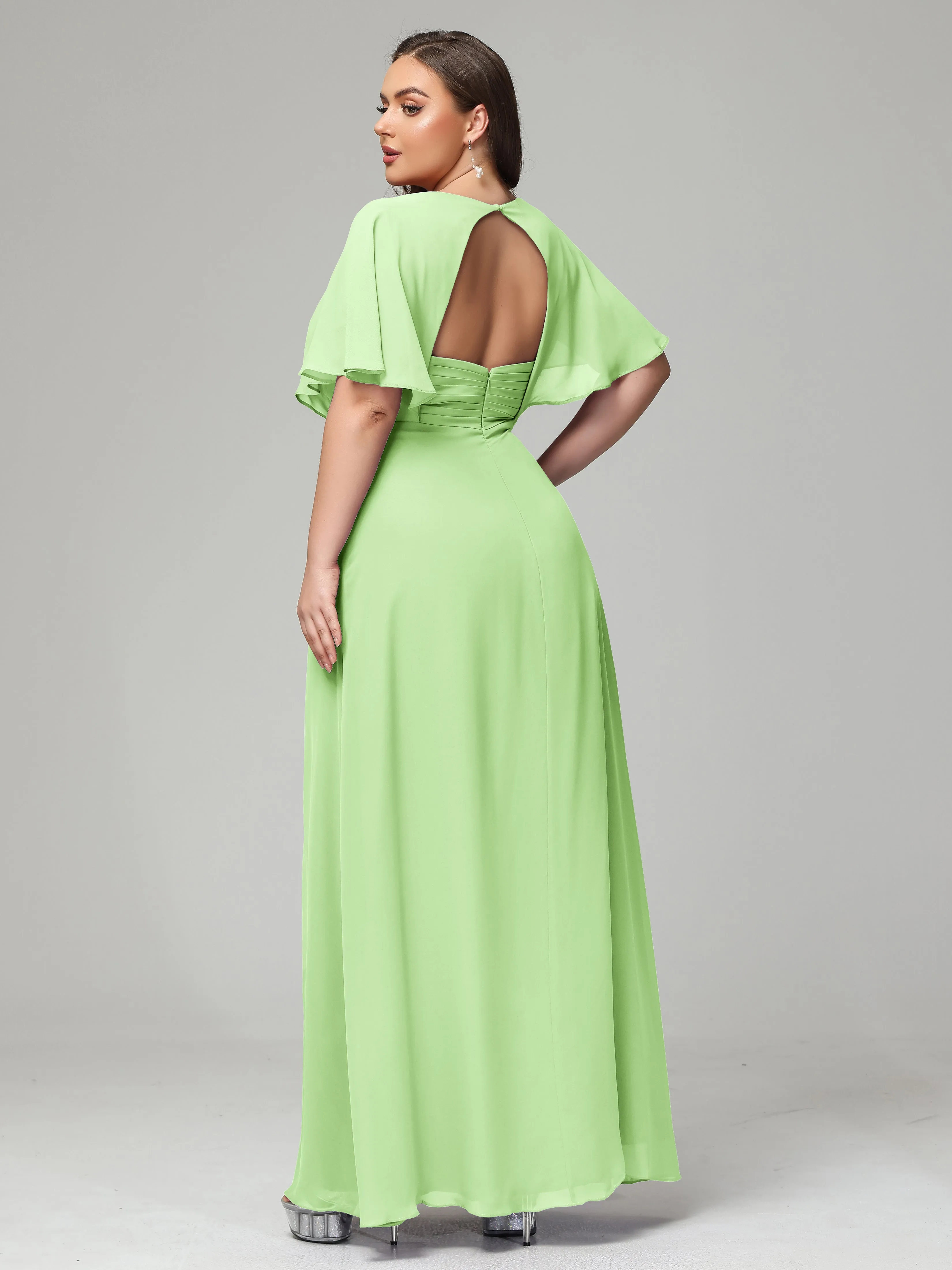 Short Sleeves Chiffon Split Long Plus Bridesmaid Dresses