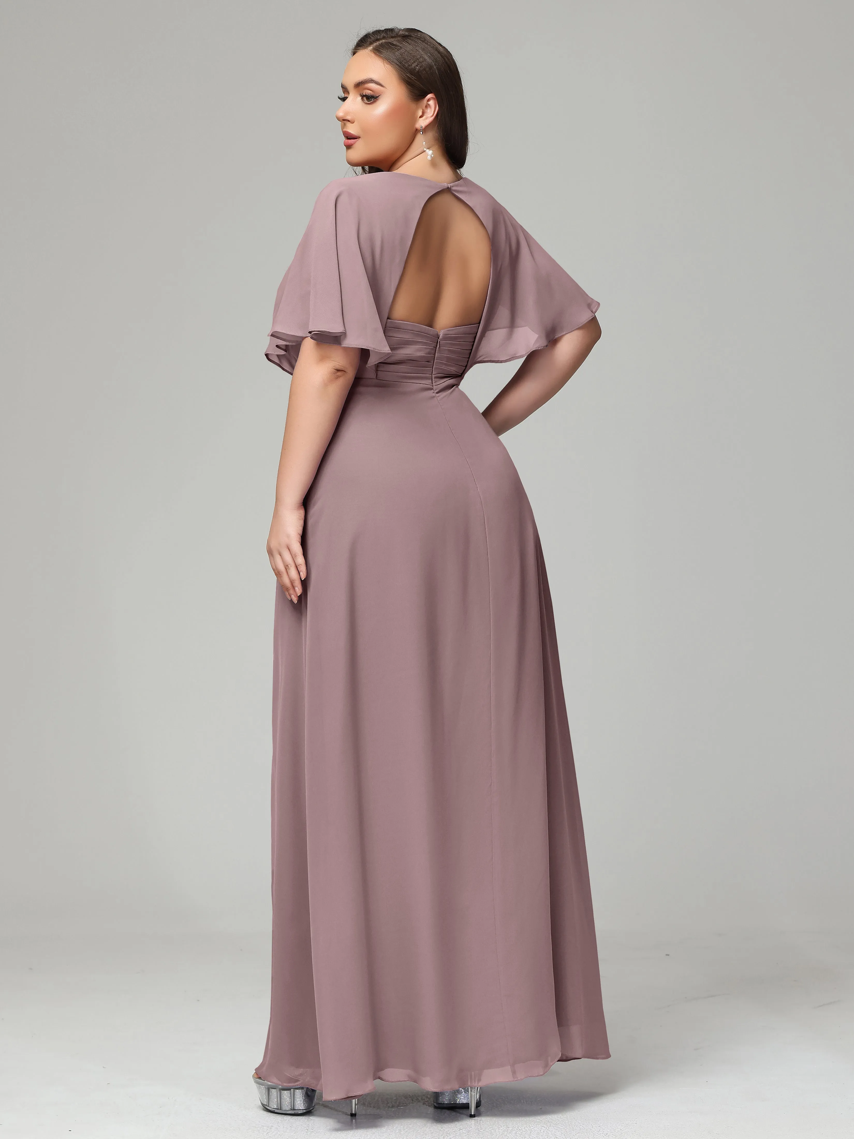 Short Sleeves Chiffon Split Long Plus Bridesmaid Dresses
