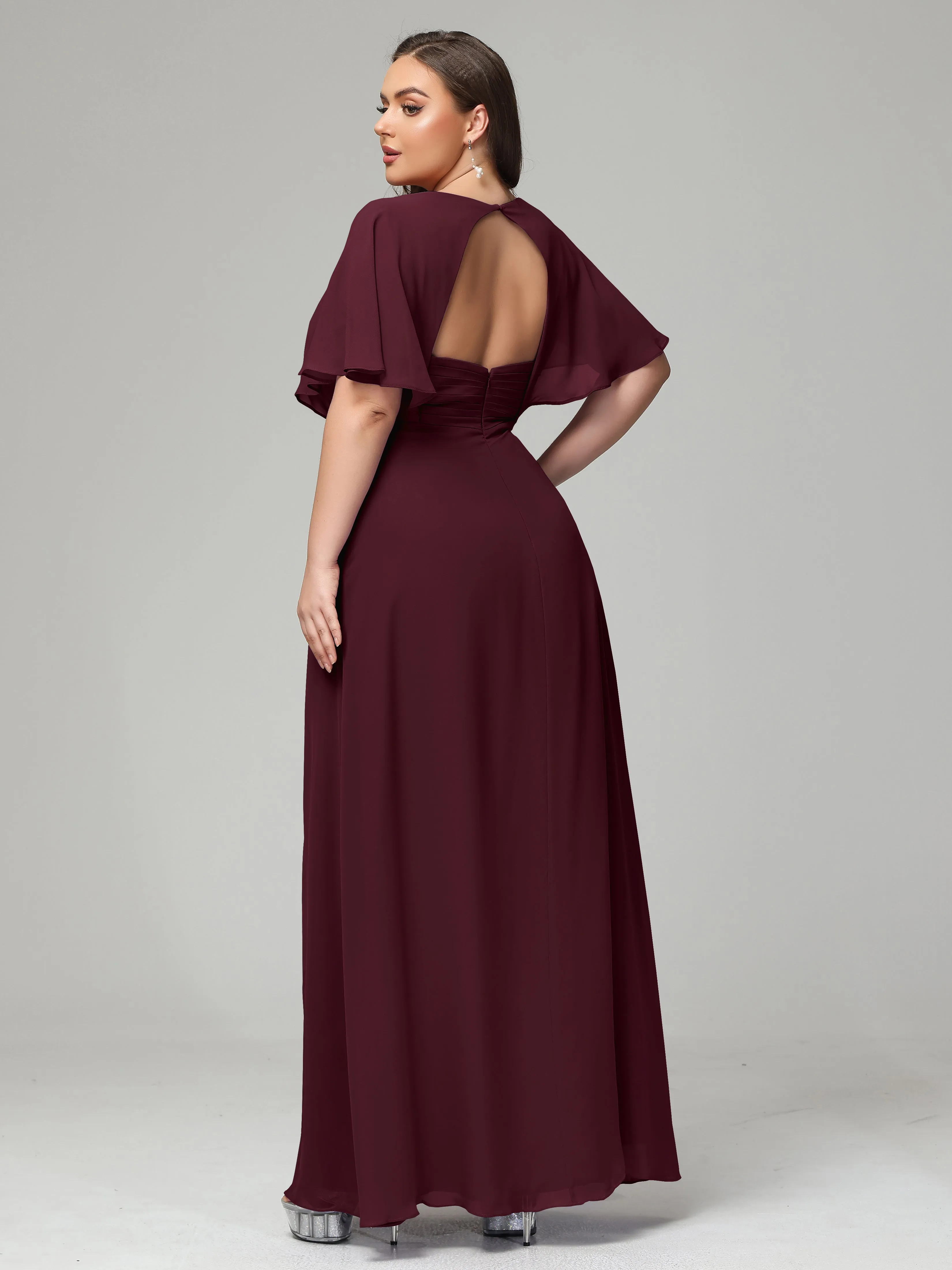 Short Sleeves Chiffon Split Long Plus Bridesmaid Dresses