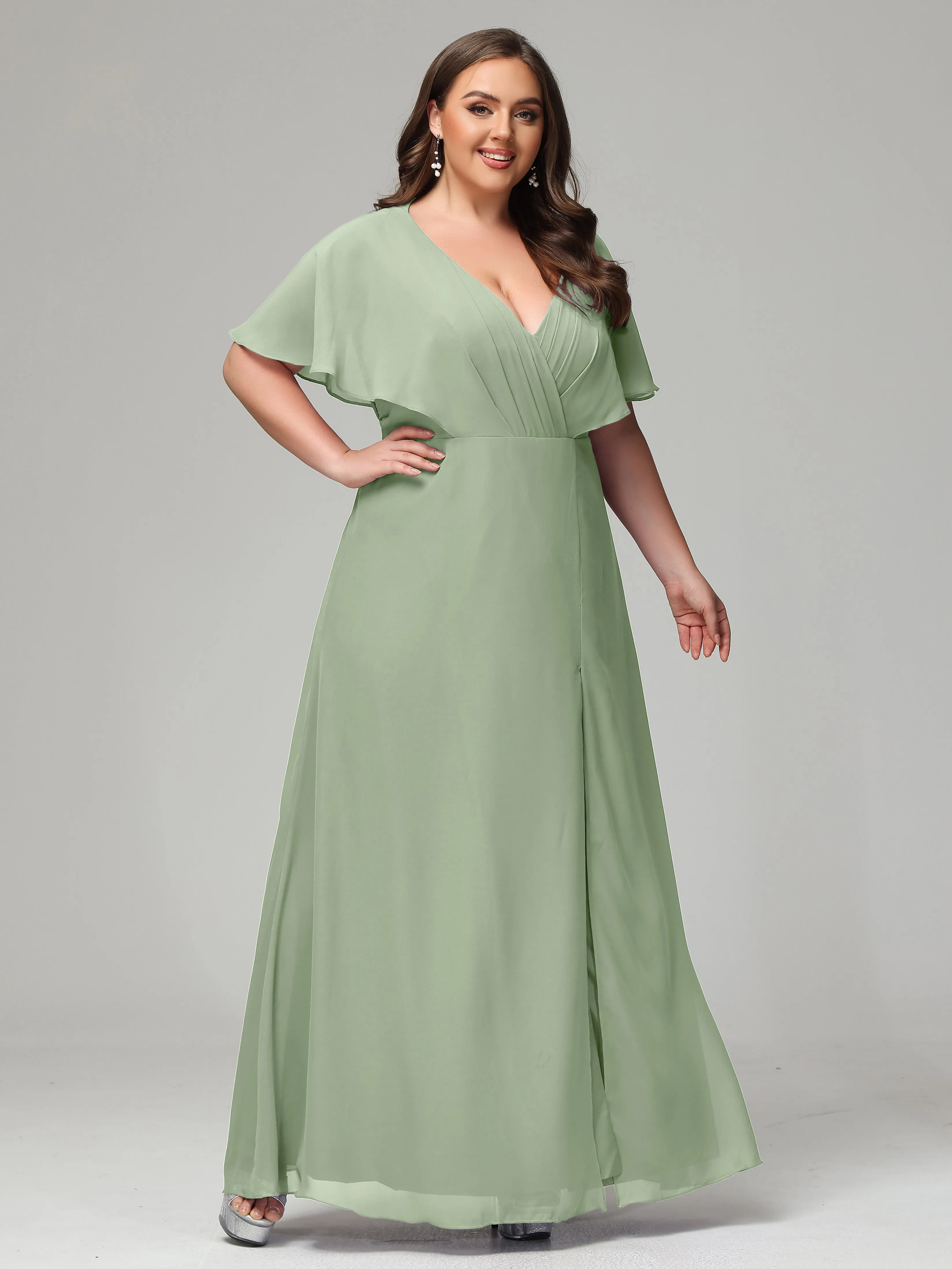 Short Sleeves Chiffon Split Long Plus Bridesmaid Dresses