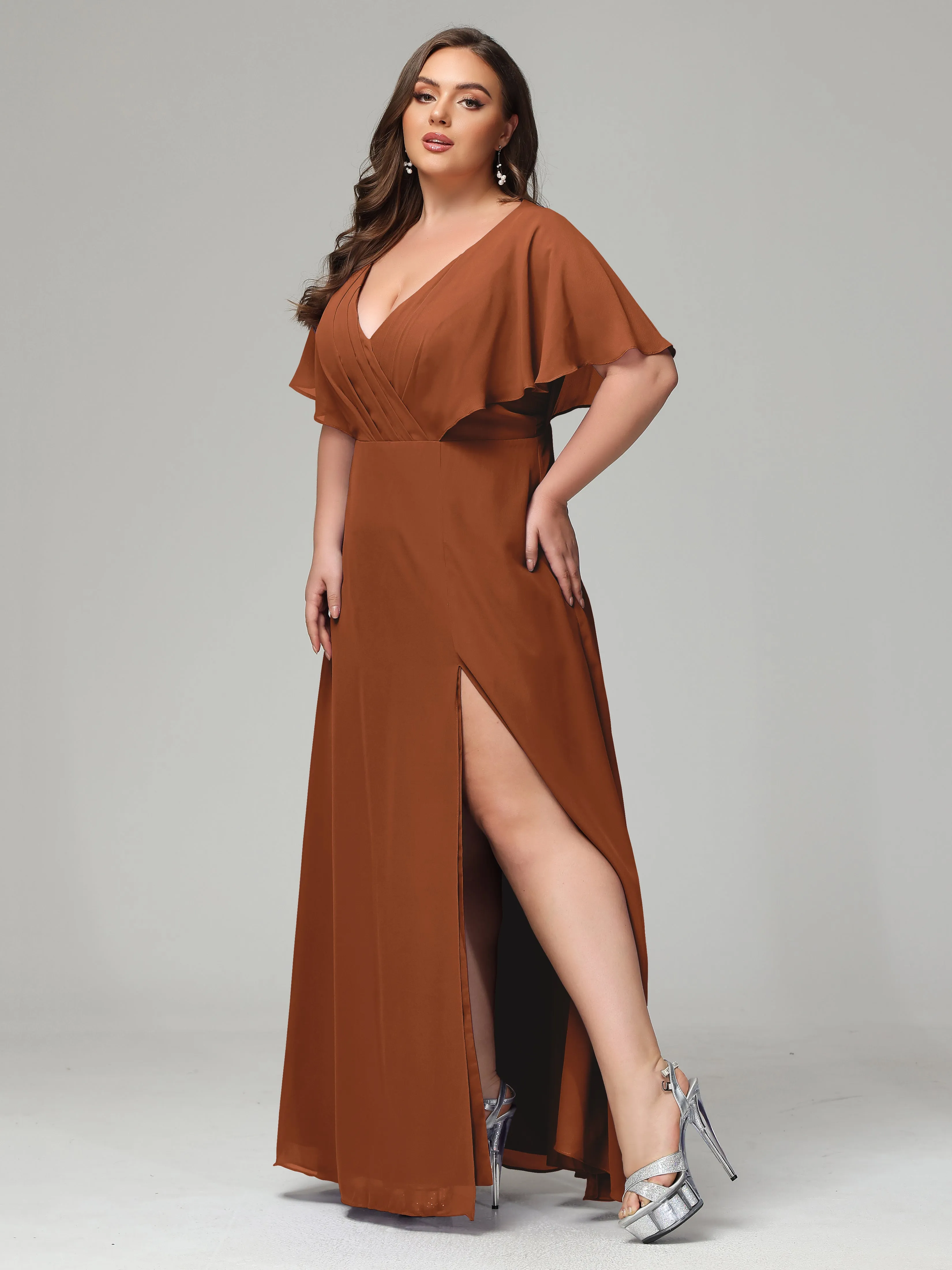 Short Sleeves Chiffon Split Long Plus Bridesmaid Dresses