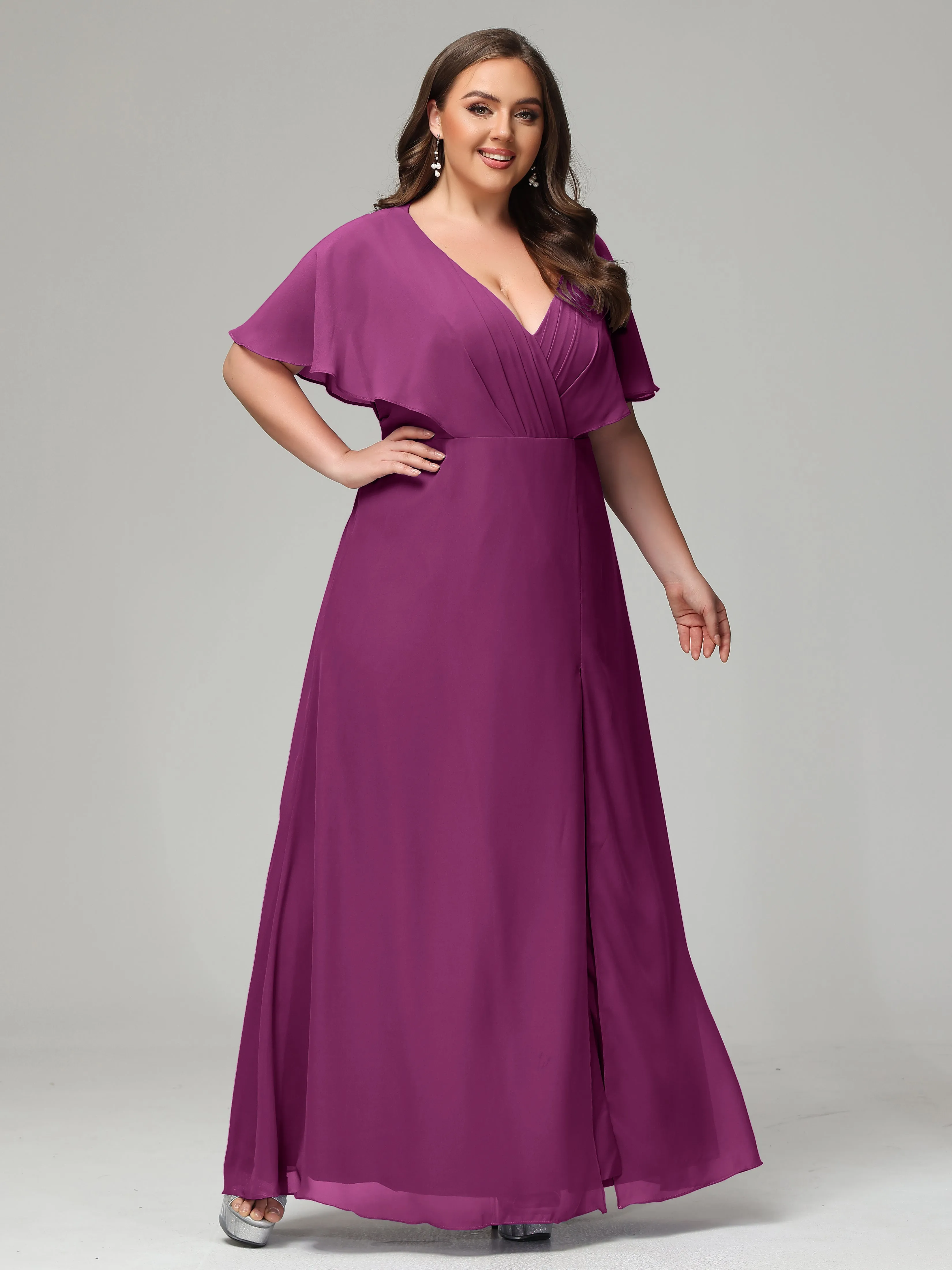 Short Sleeves Chiffon Split Long Plus Bridesmaid Dresses