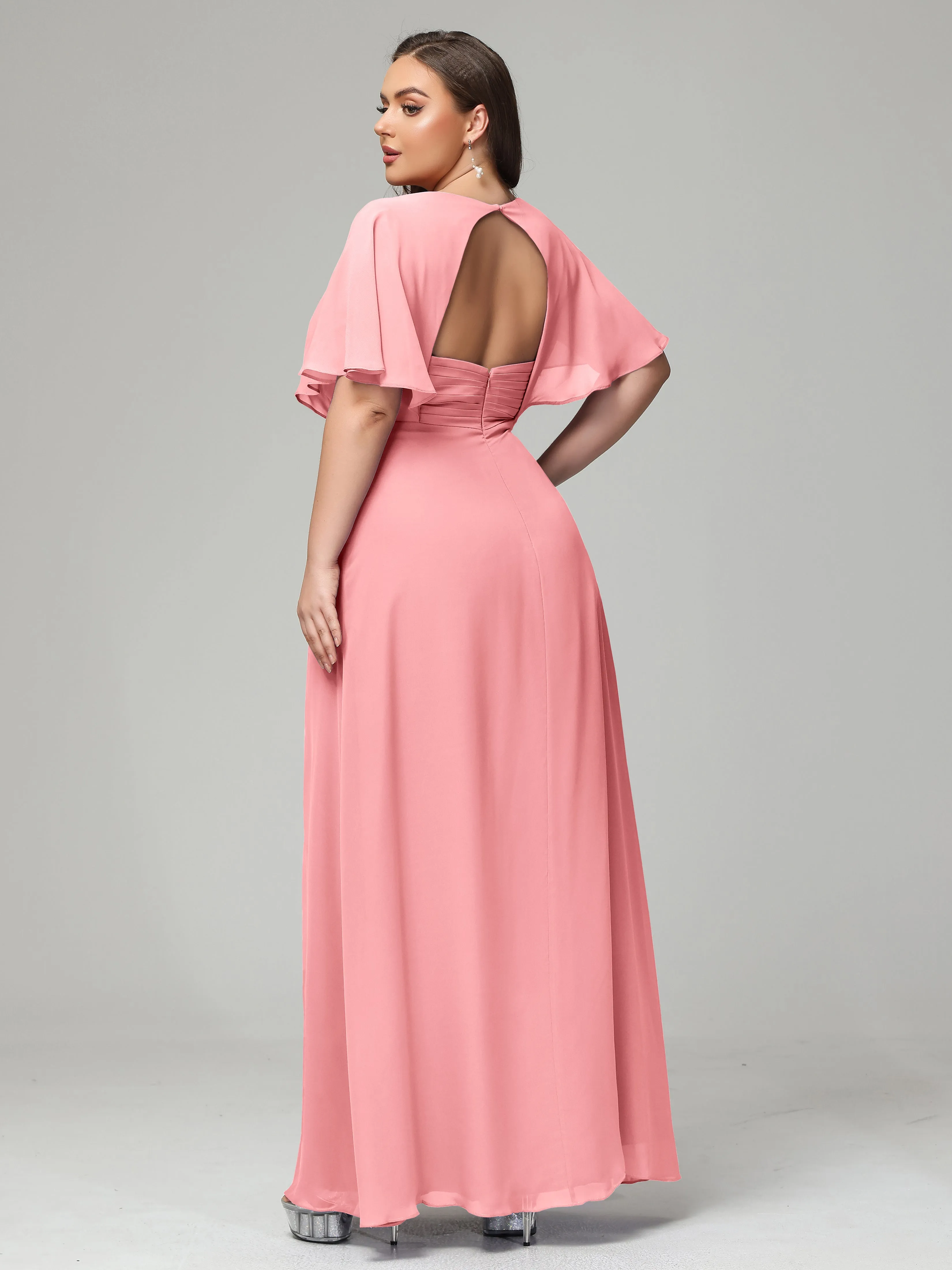 Short Sleeves Chiffon Split Long Plus Bridesmaid Dresses