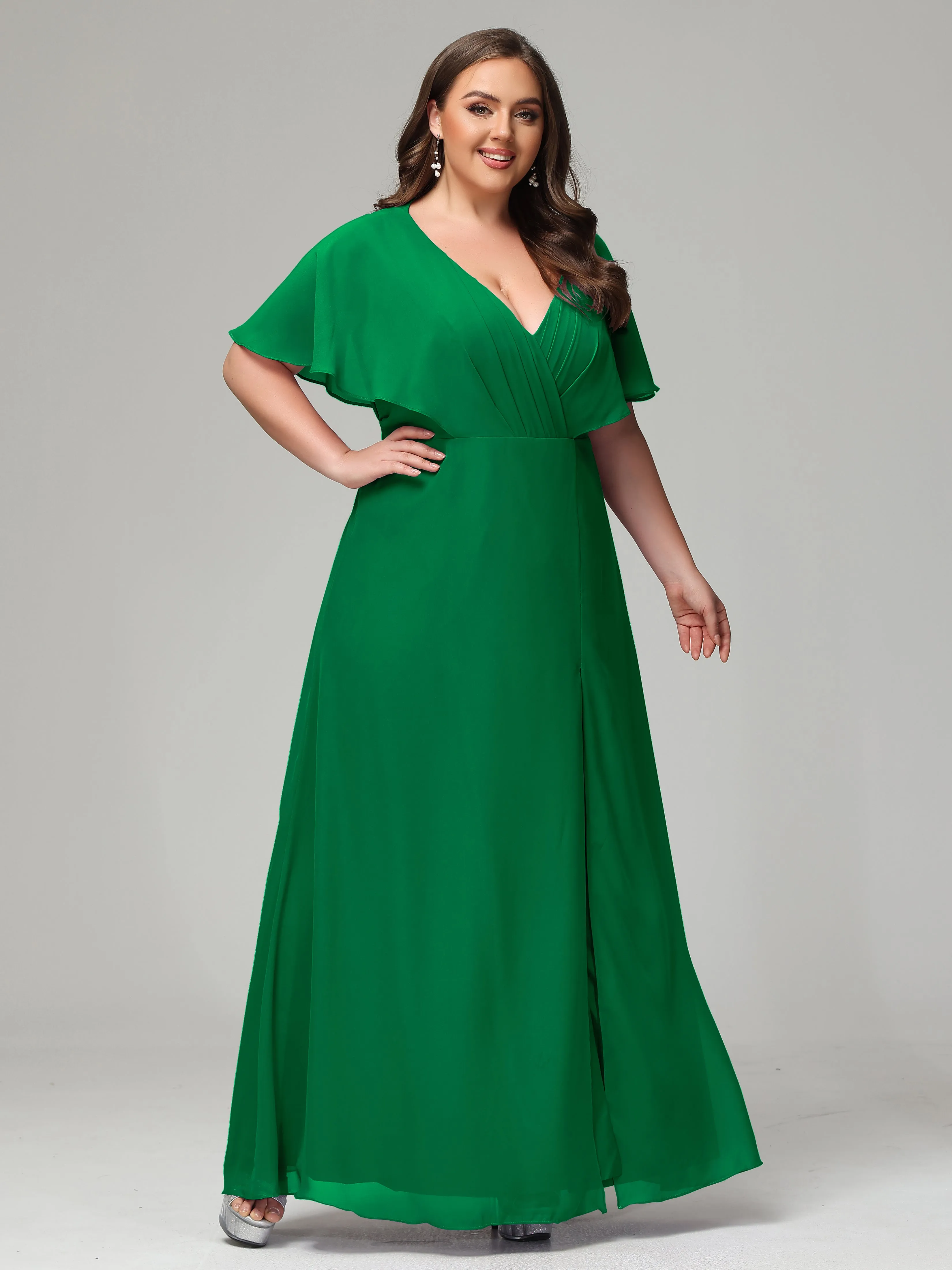 Short Sleeves Chiffon Split Long Plus Bridesmaid Dresses