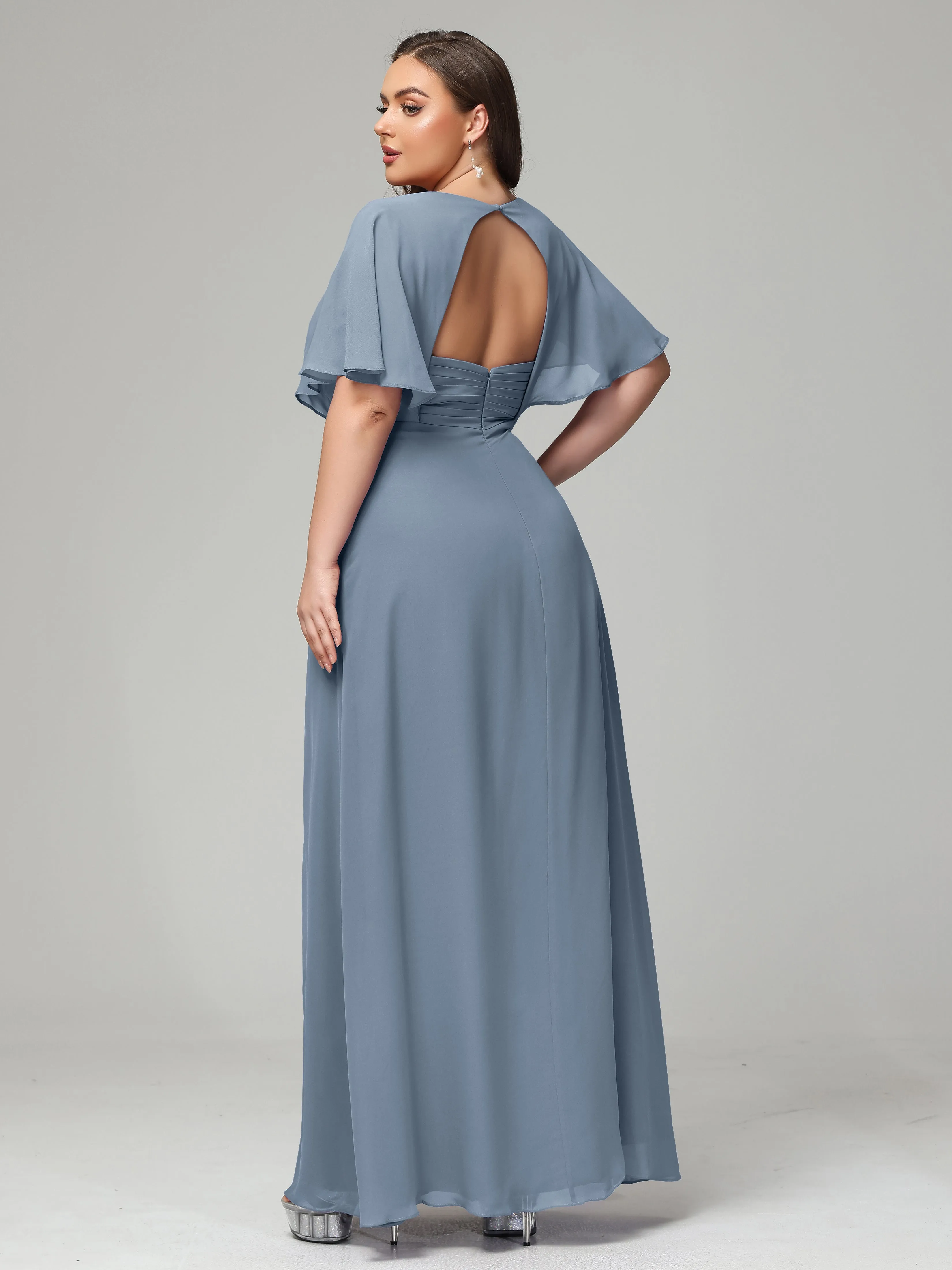 Short Sleeves Chiffon Split Long Plus Bridesmaid Dresses