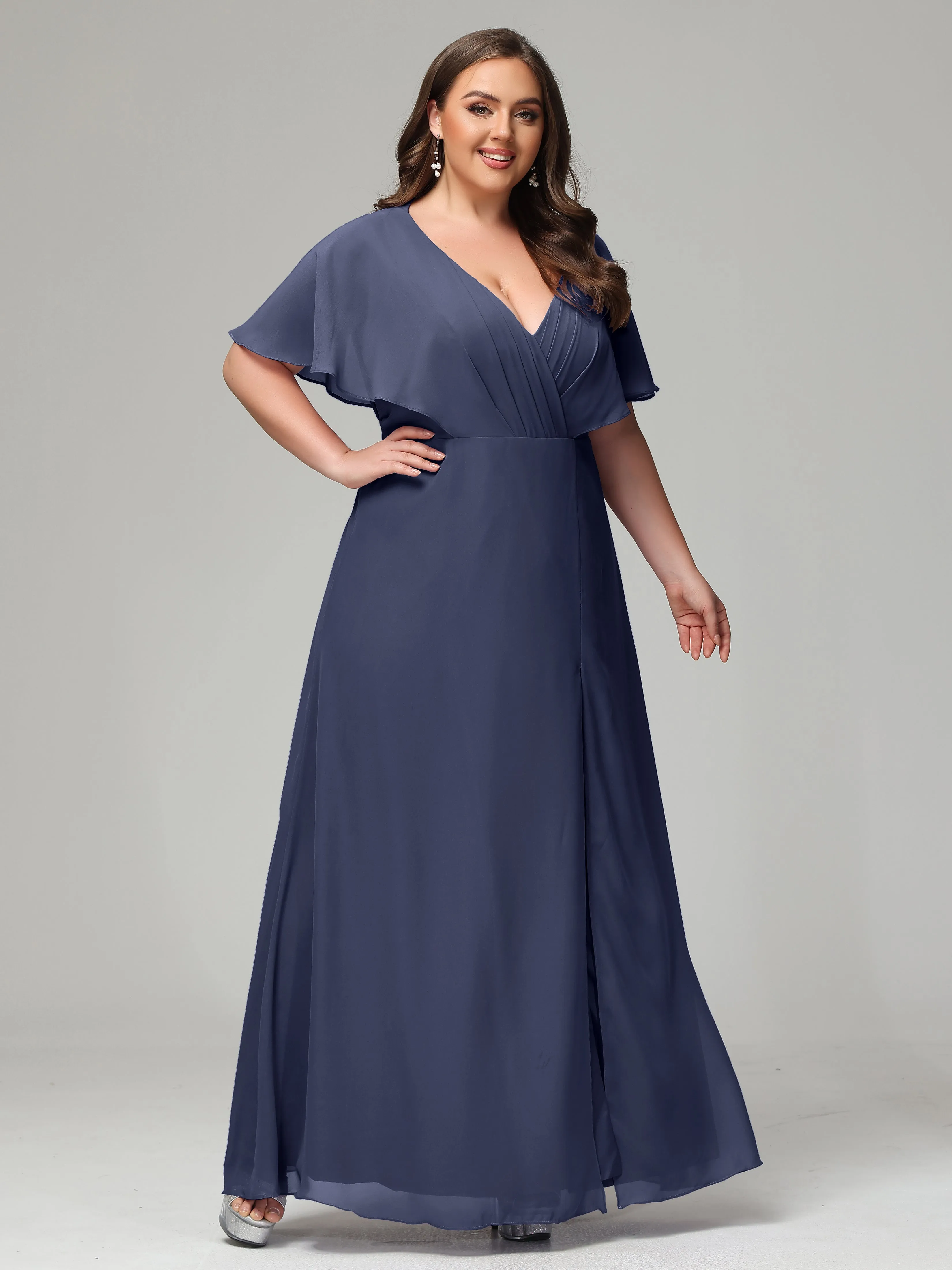 Short Sleeves Chiffon Split Long Plus Bridesmaid Dresses
