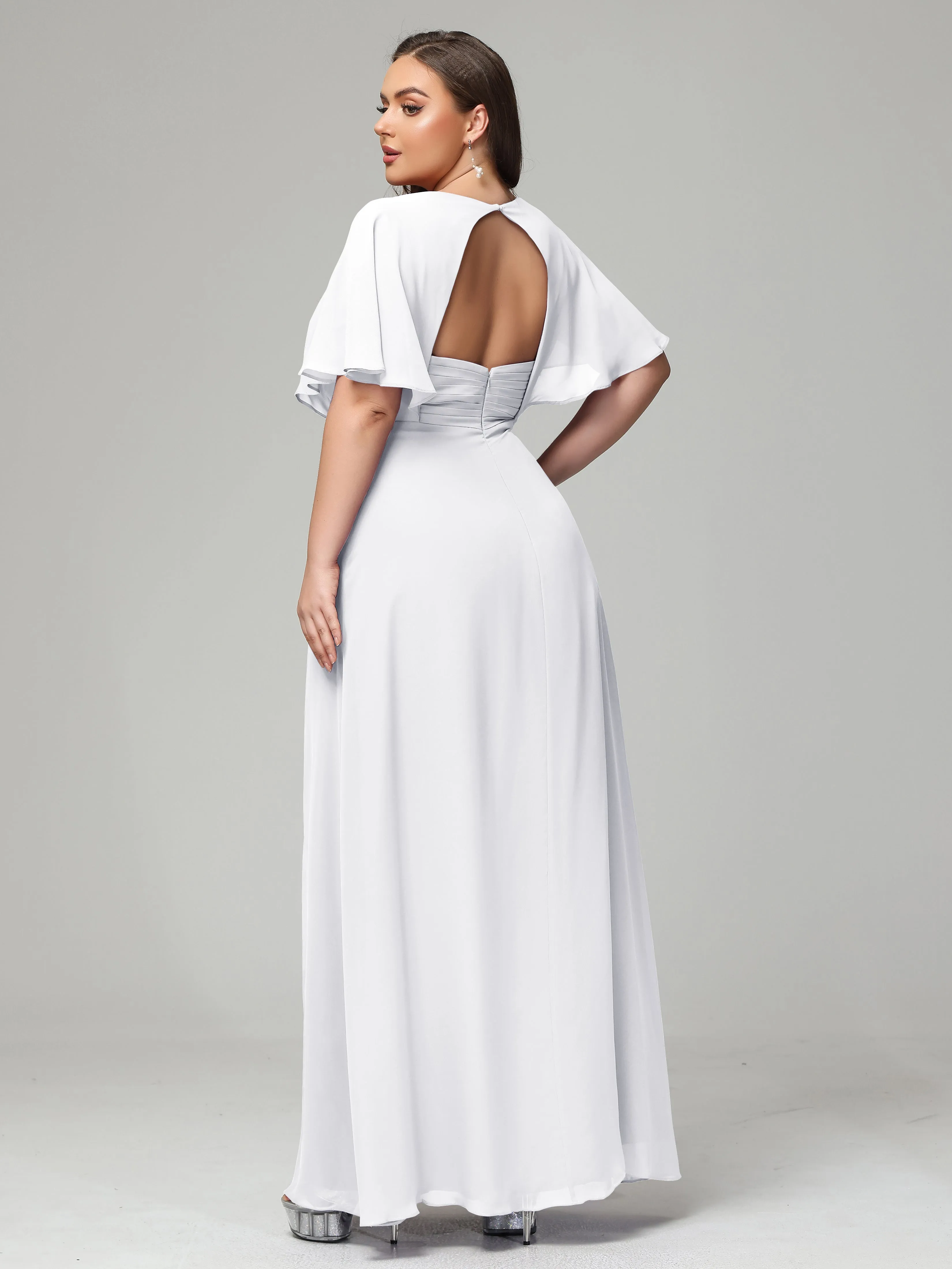 Short Sleeves Chiffon Split Long Plus Bridesmaid Dresses