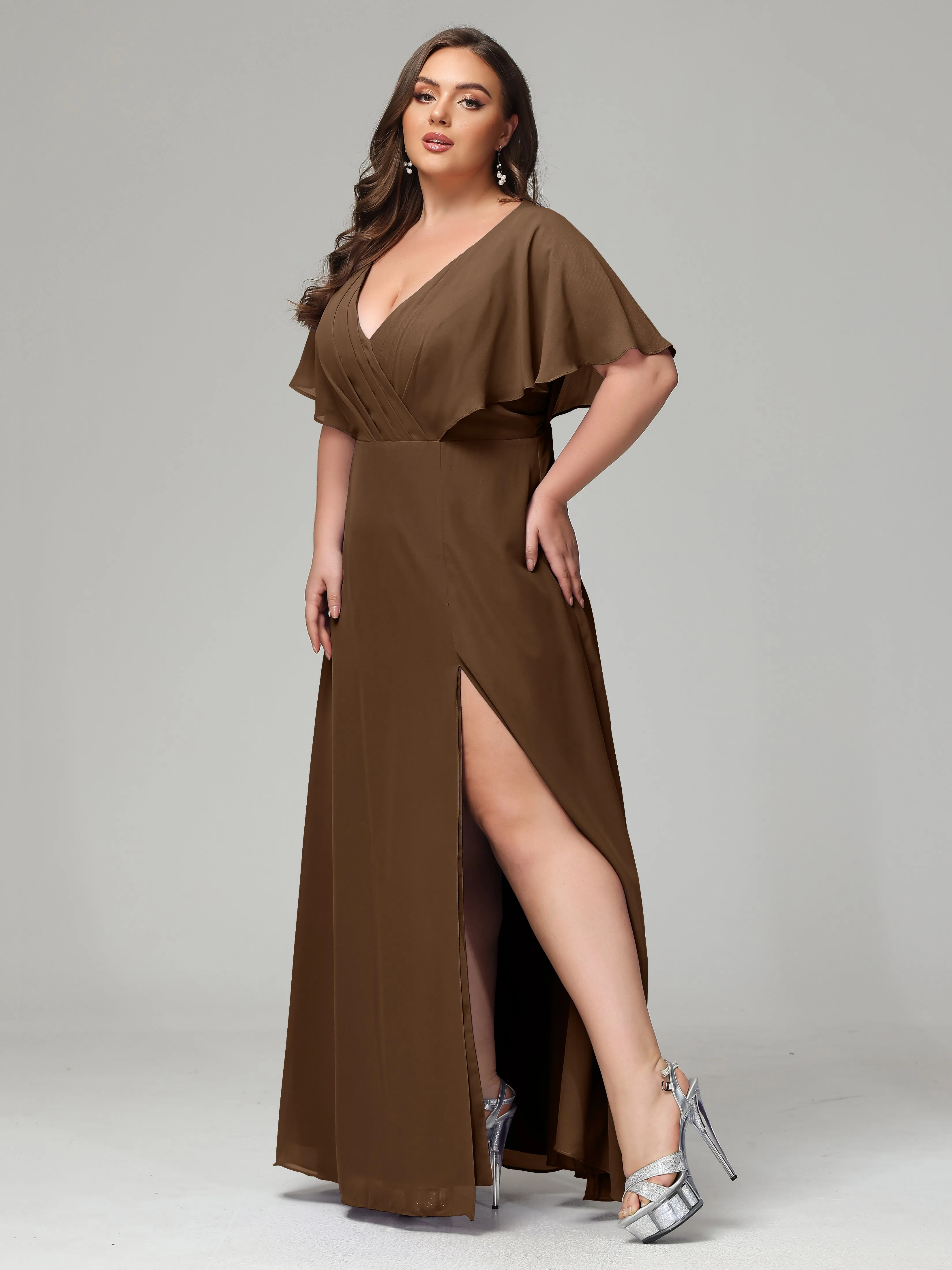 Short Sleeves Chiffon Split Long Plus Bridesmaid Dresses