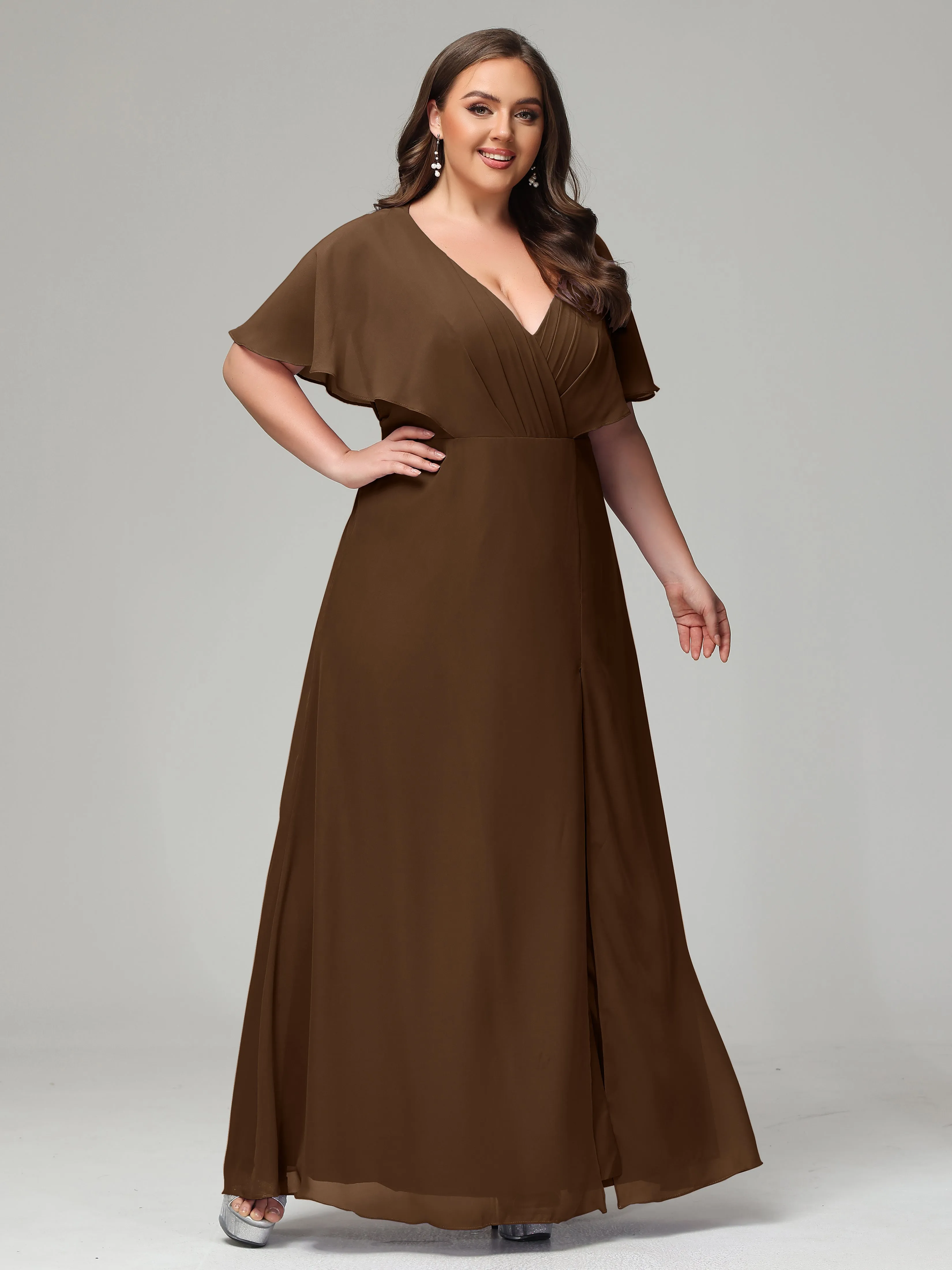 Short Sleeves Chiffon Split Long Plus Bridesmaid Dresses