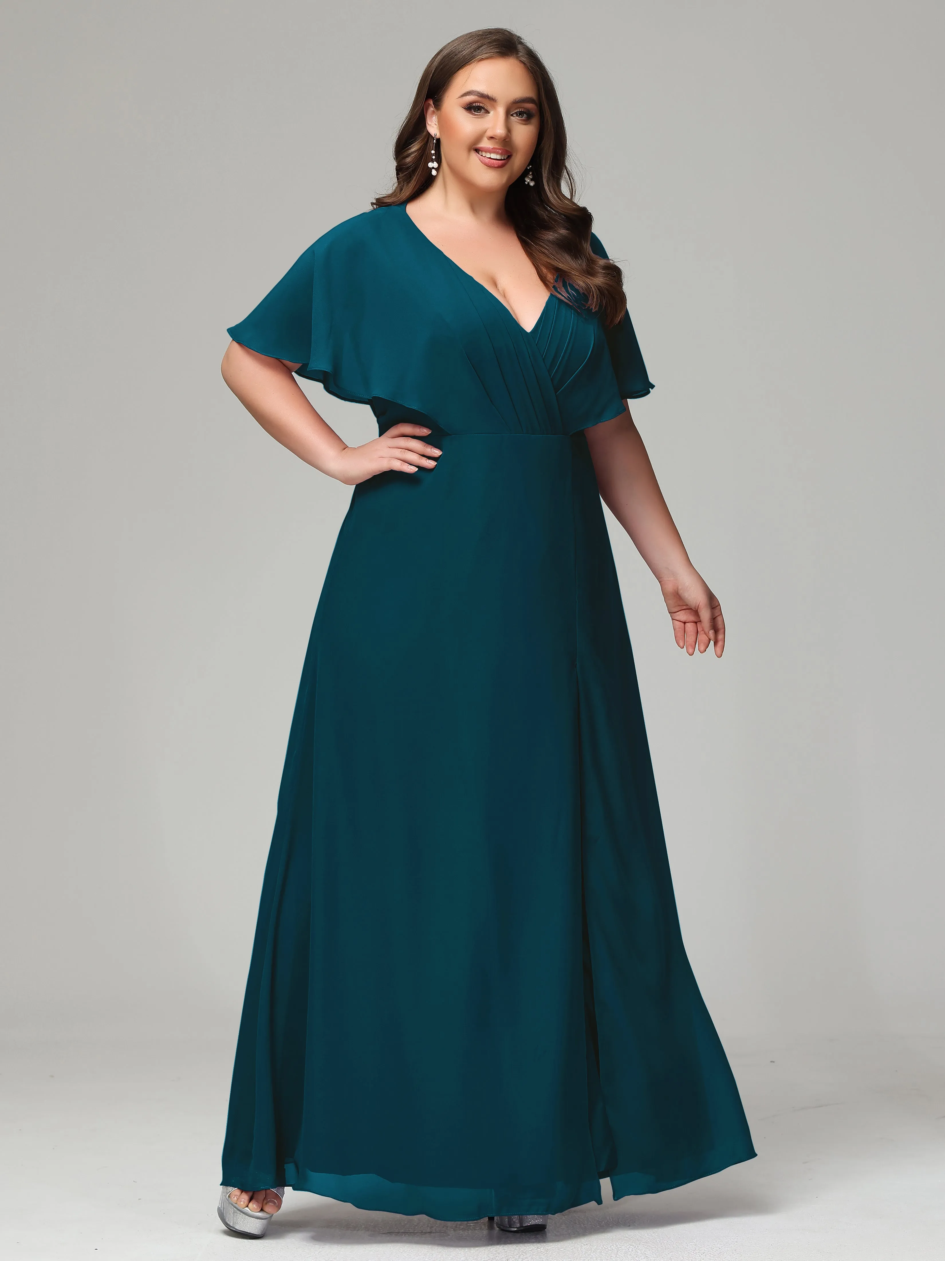 Short Sleeves Chiffon Split Long Plus Bridesmaid Dresses