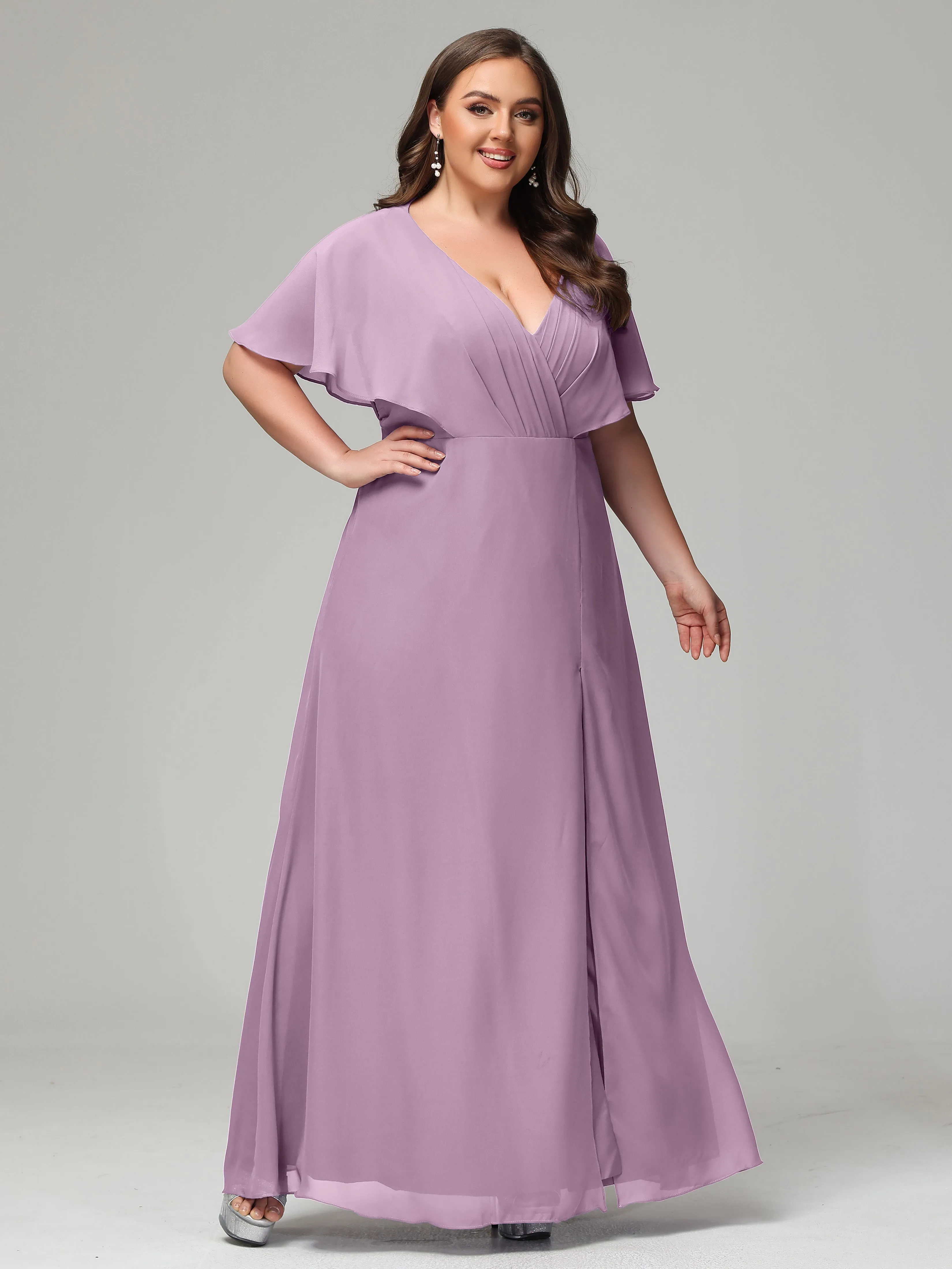 Short Sleeves Chiffon Split Long Plus Bridesmaid Dresses