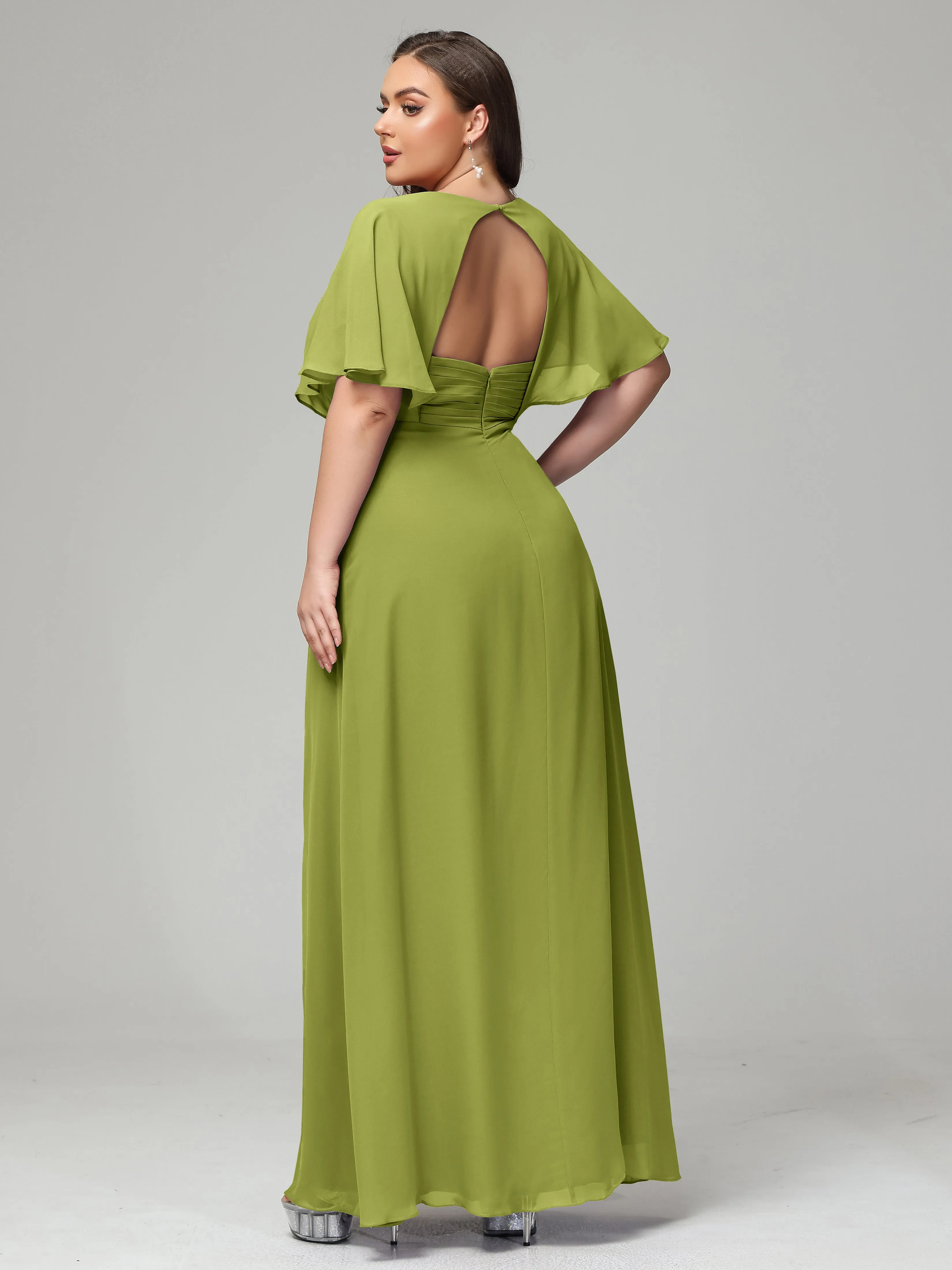 Short Sleeves Chiffon Split Long Plus Bridesmaid Dresses