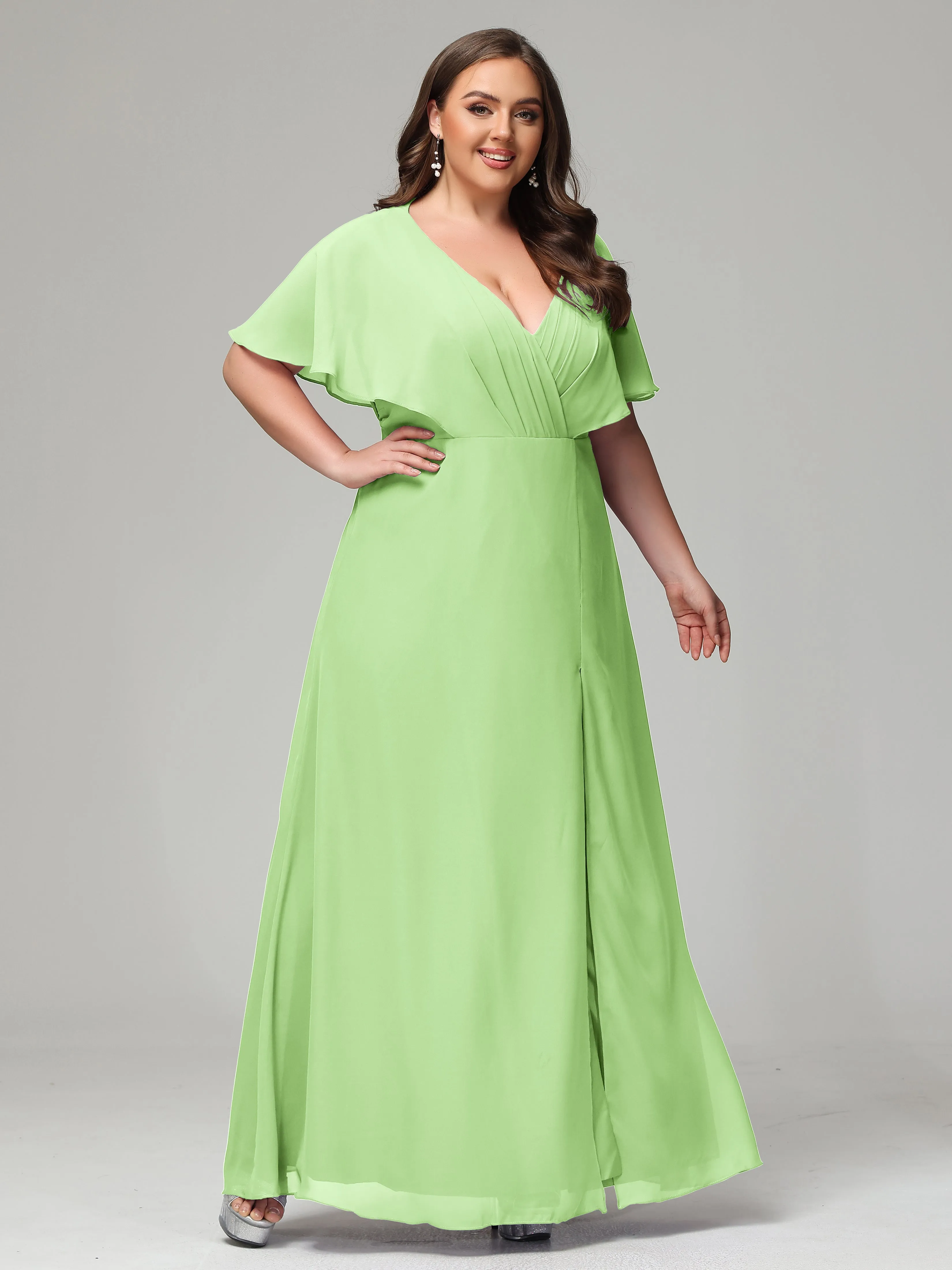 Short Sleeves Chiffon Split Long Plus Bridesmaid Dresses