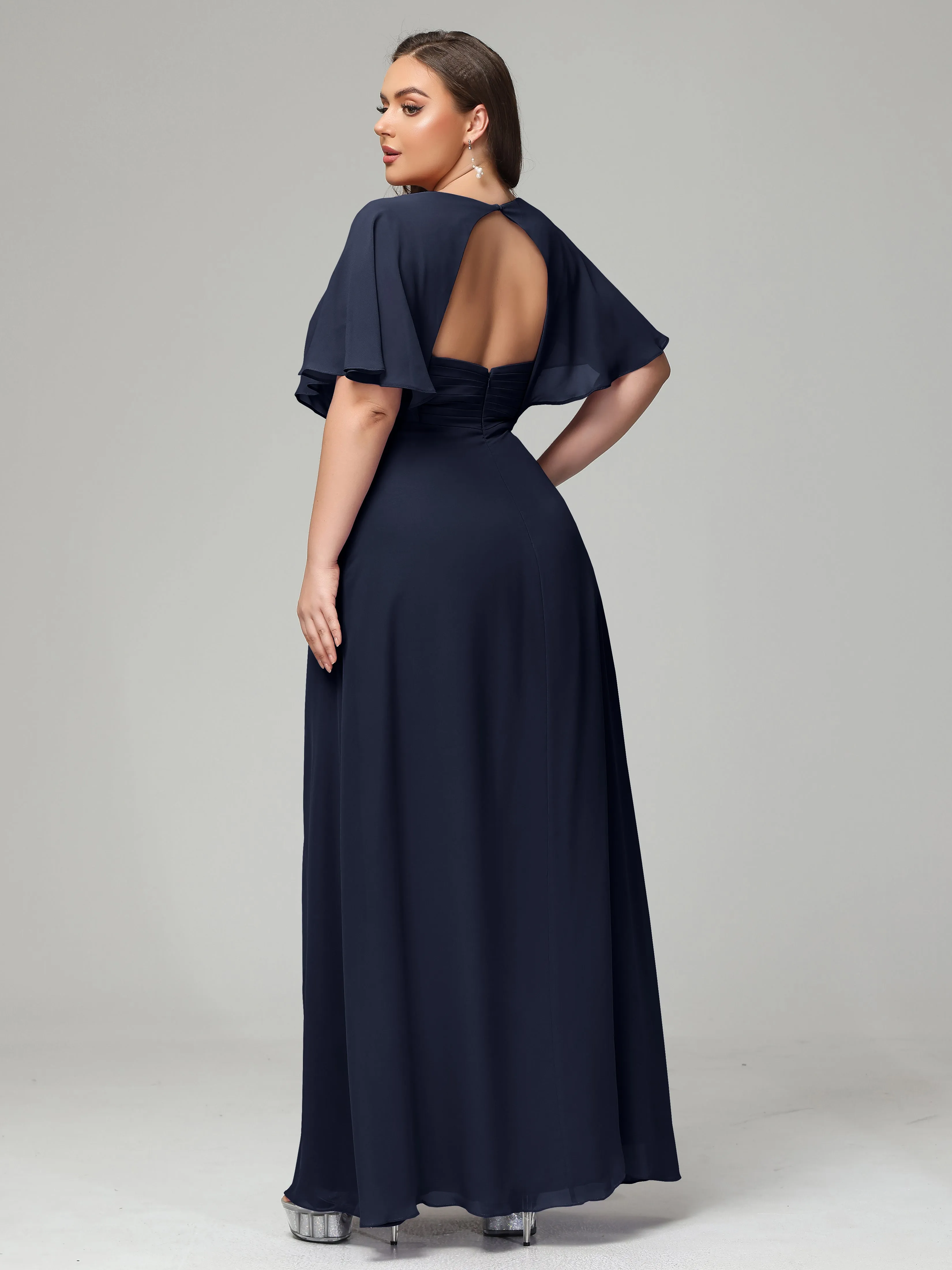 Short Sleeves Chiffon Split Long Plus Bridesmaid Dresses