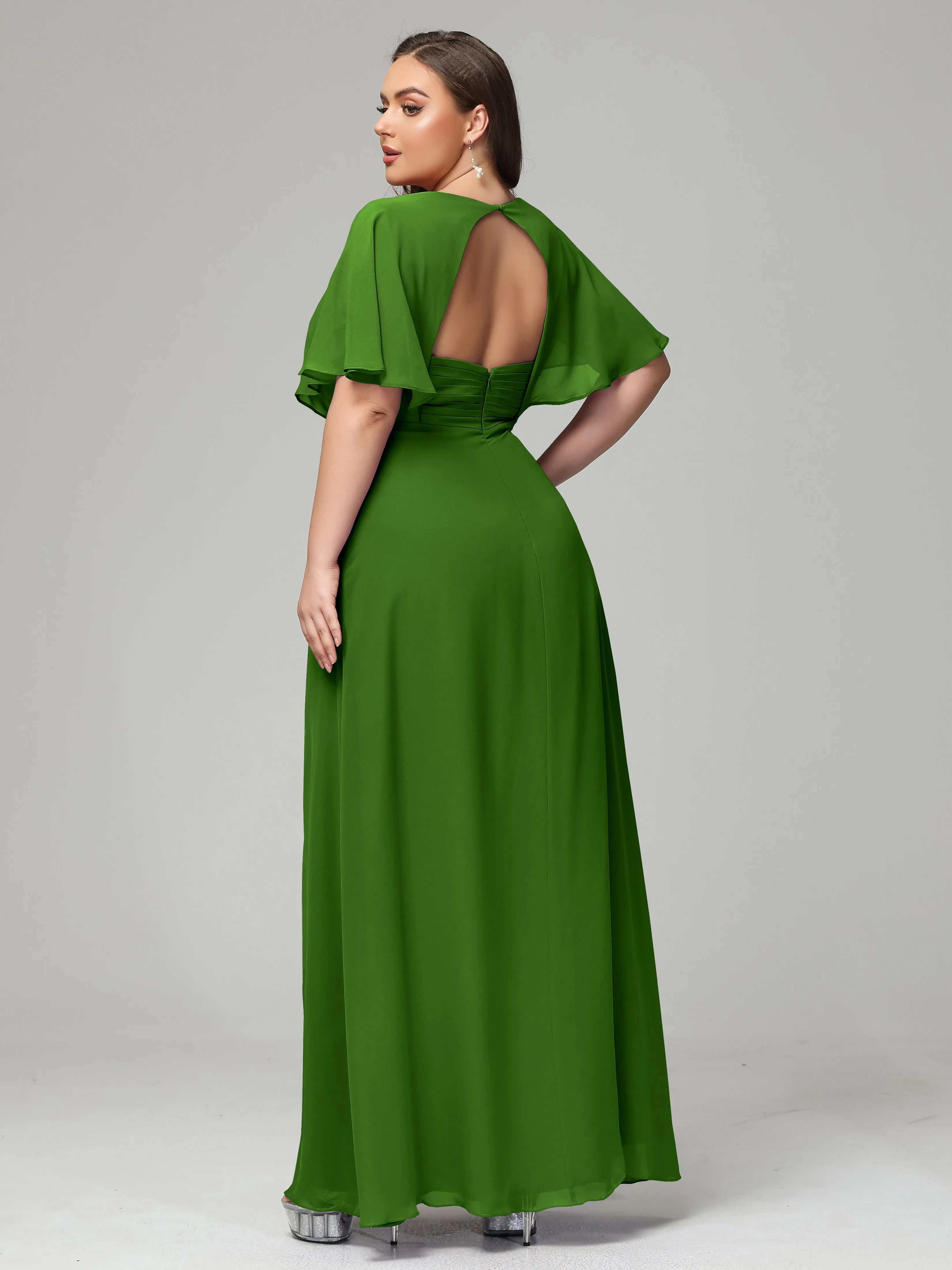 Short Sleeves Chiffon Split Long Plus Bridesmaid Dresses