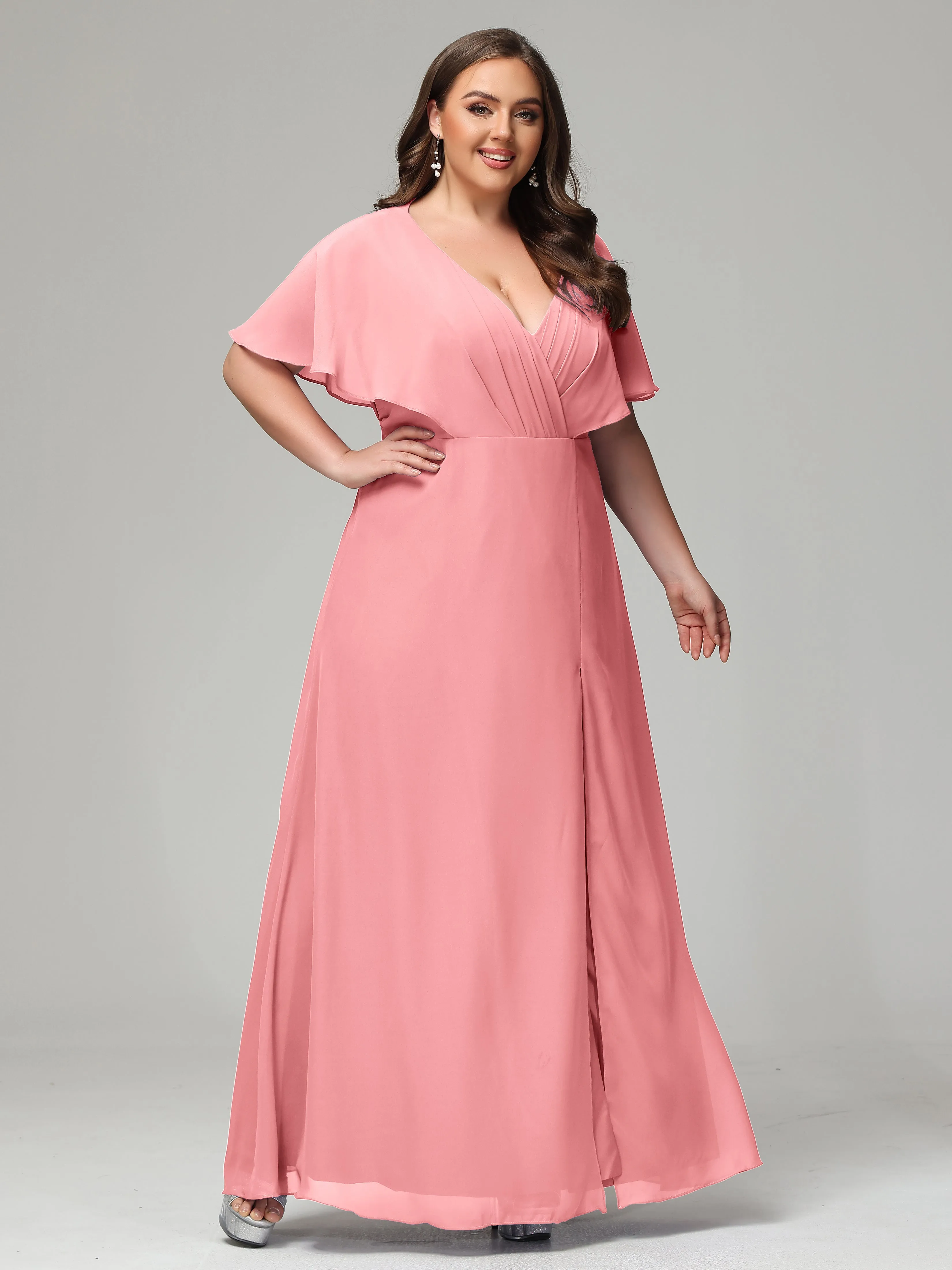 Short Sleeves Chiffon Split Long Plus Bridesmaid Dresses