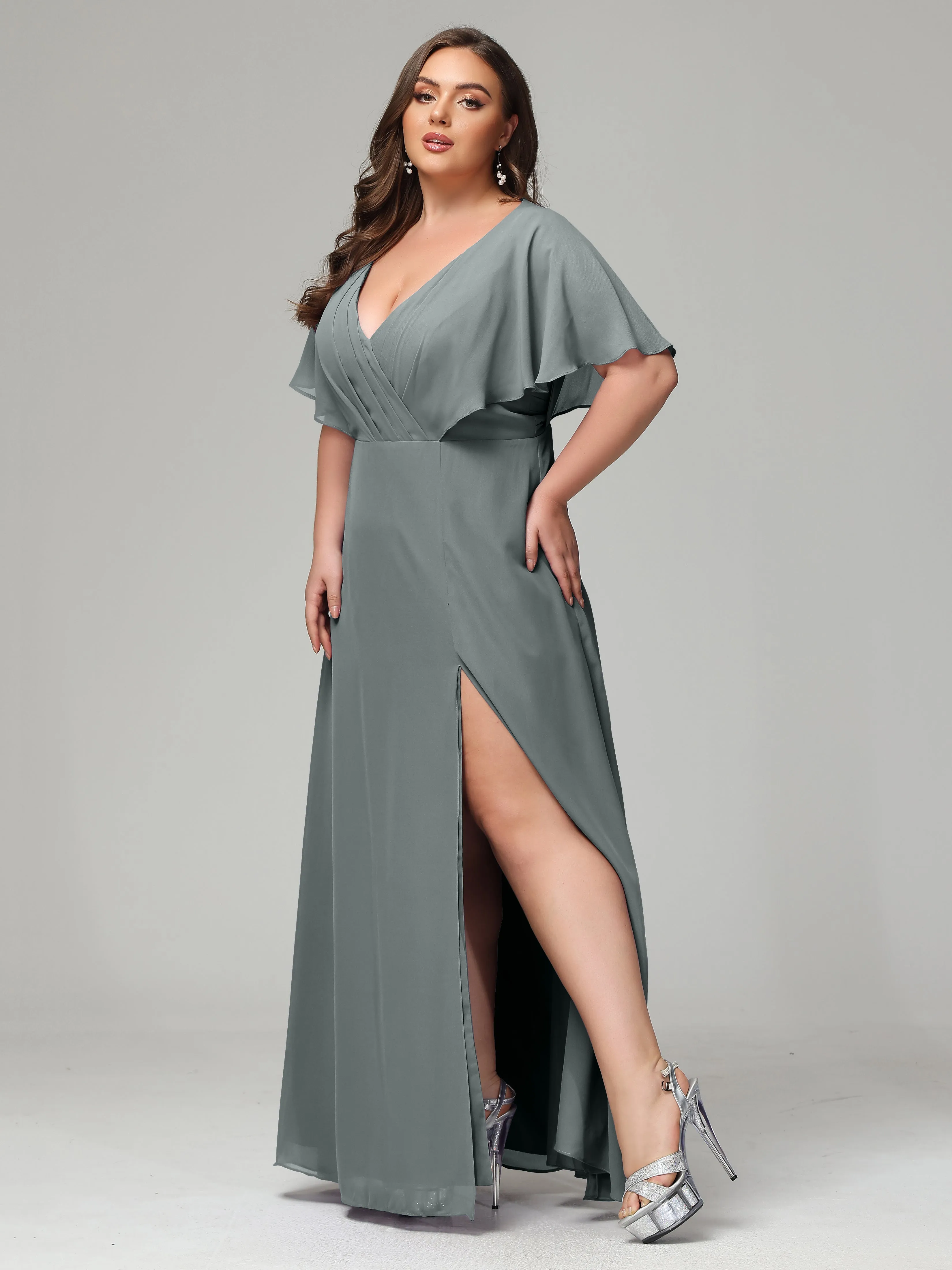 Short Sleeves Chiffon Split Long Plus Bridesmaid Dresses