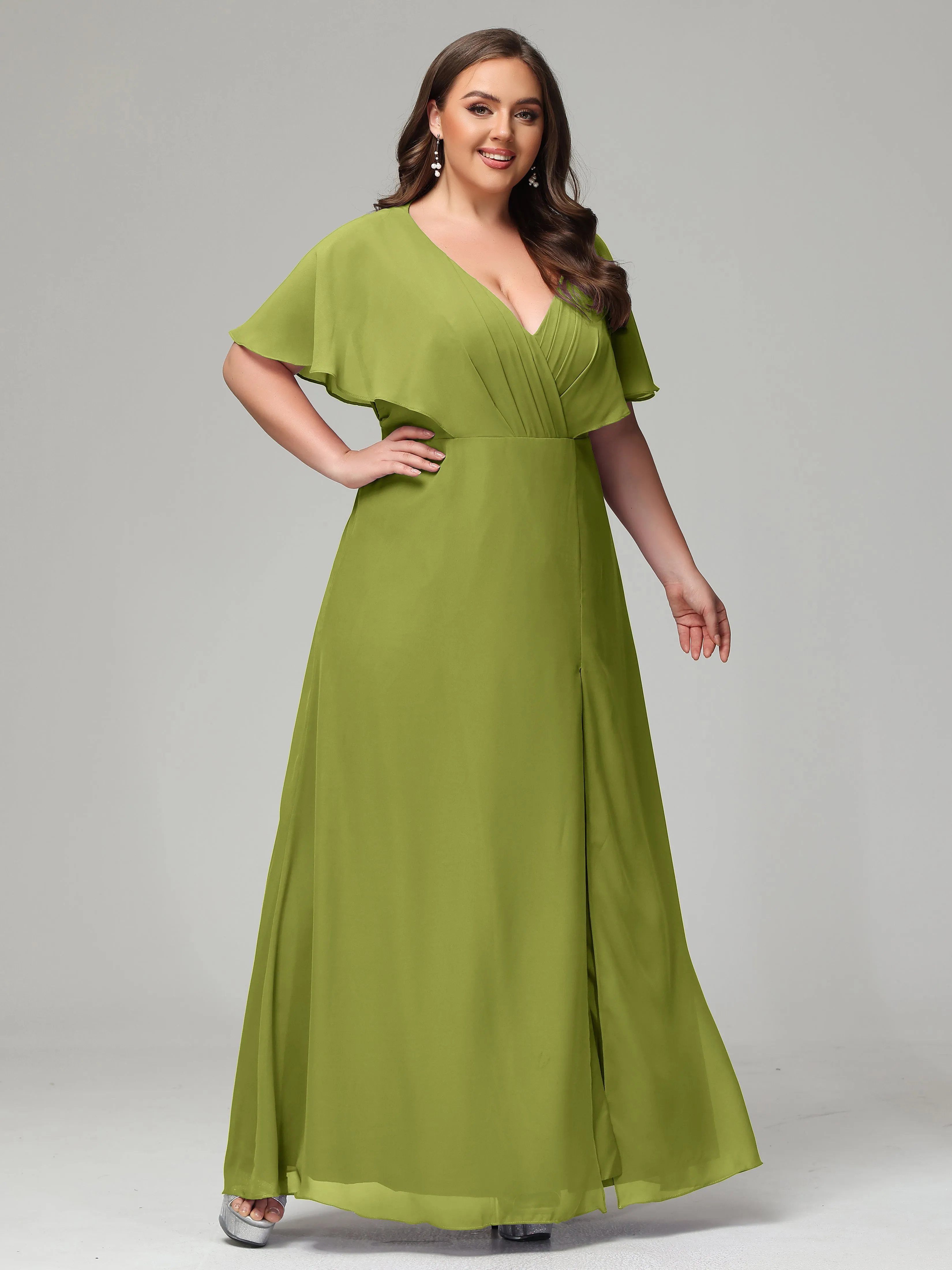 Short Sleeves Chiffon Split Long Plus Bridesmaid Dresses