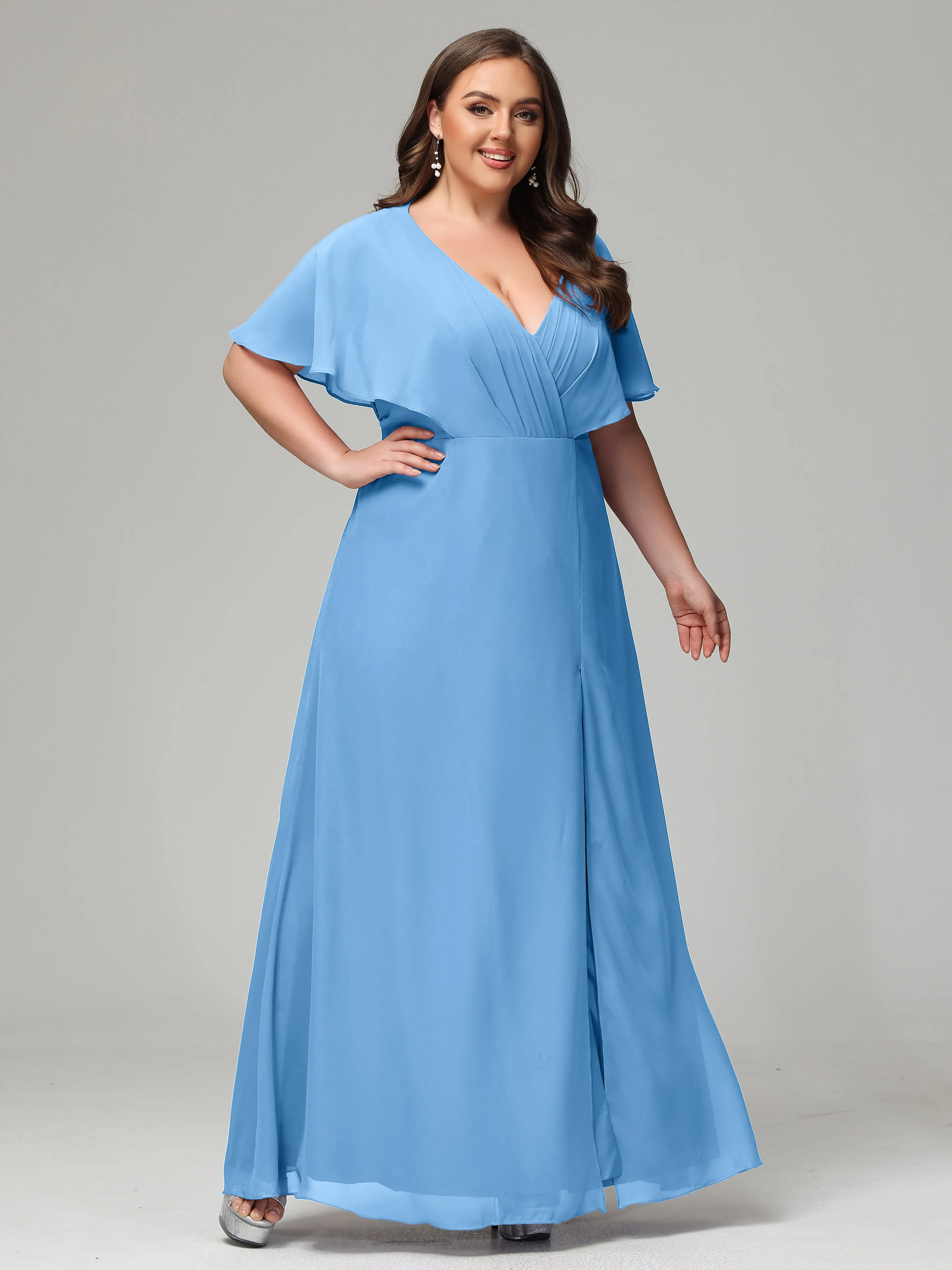 Short Sleeves Chiffon Split Long Plus Bridesmaid Dresses
