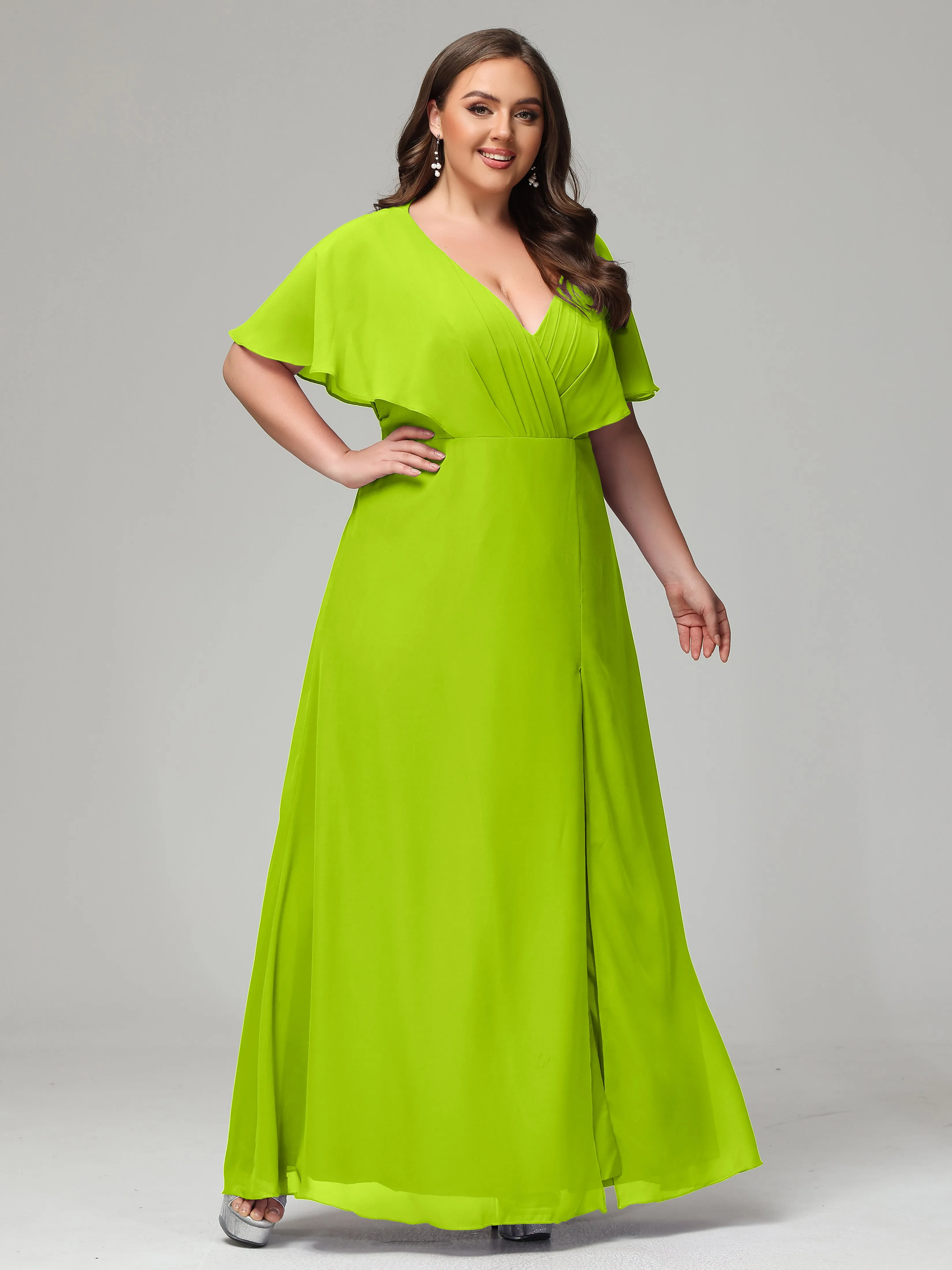 Short Sleeves Chiffon Split Long Plus Bridesmaid Dresses