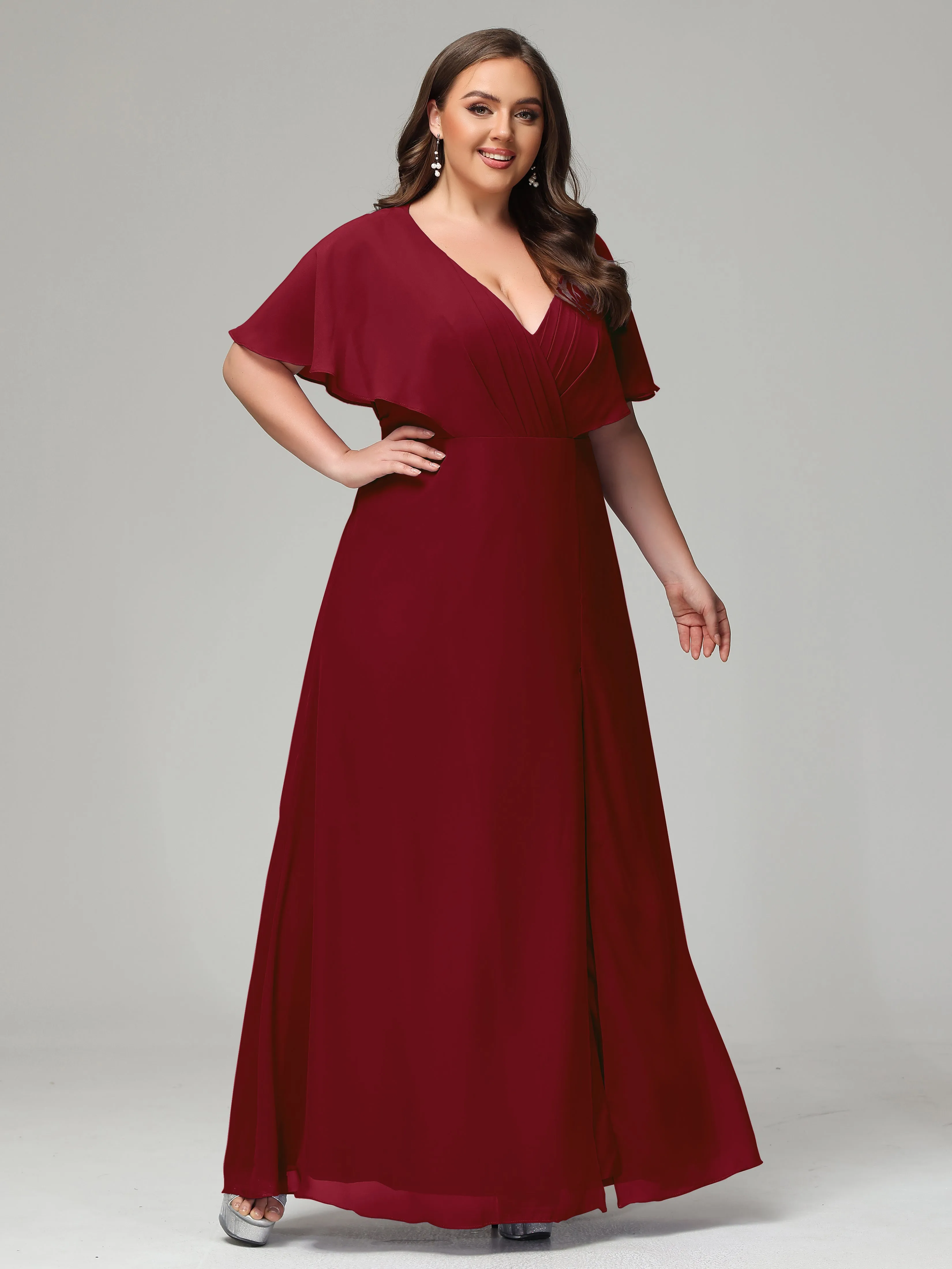 Short Sleeves Chiffon Split Long Plus Bridesmaid Dresses