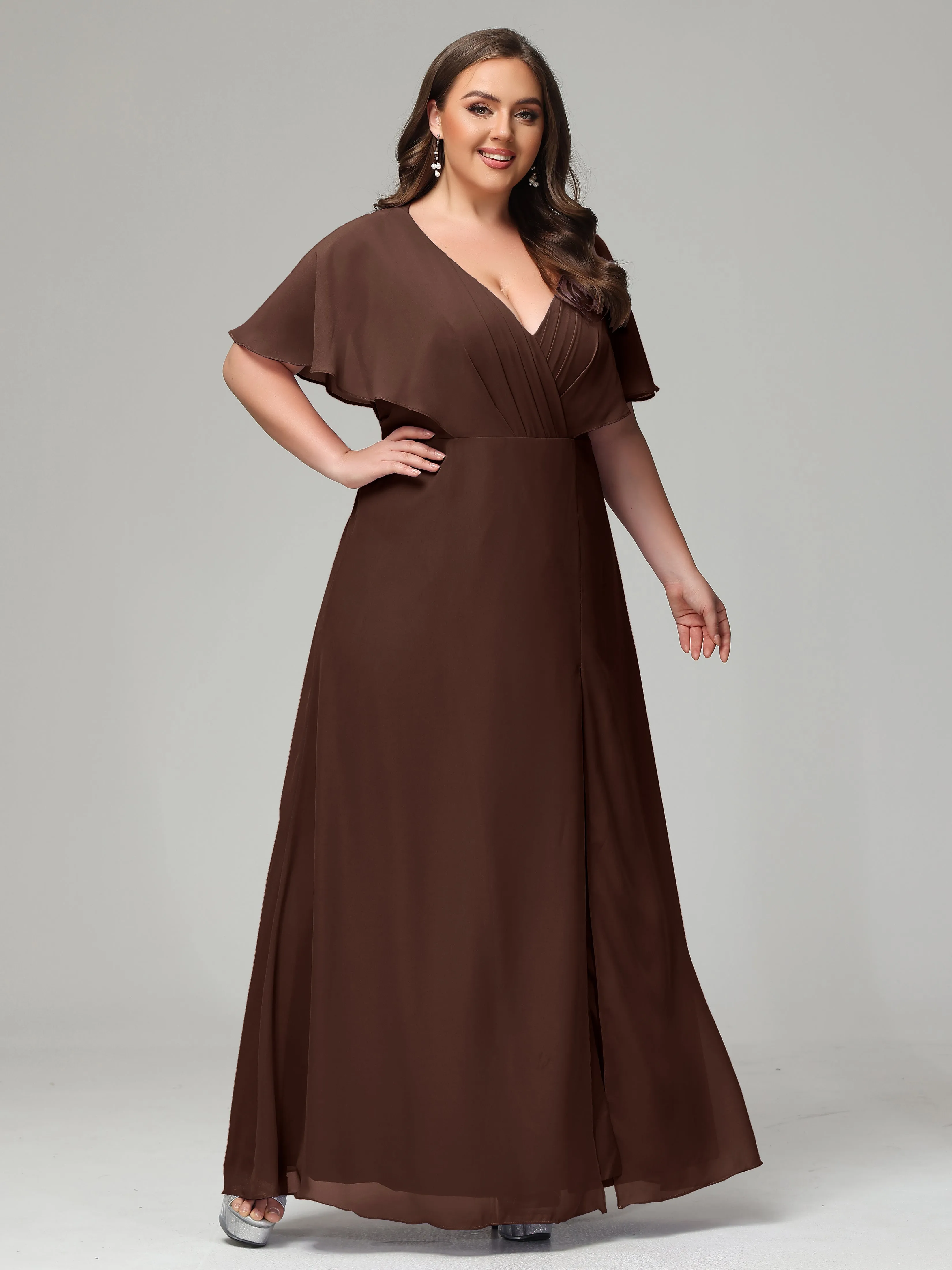 Short Sleeves Chiffon Split Long Plus Bridesmaid Dresses