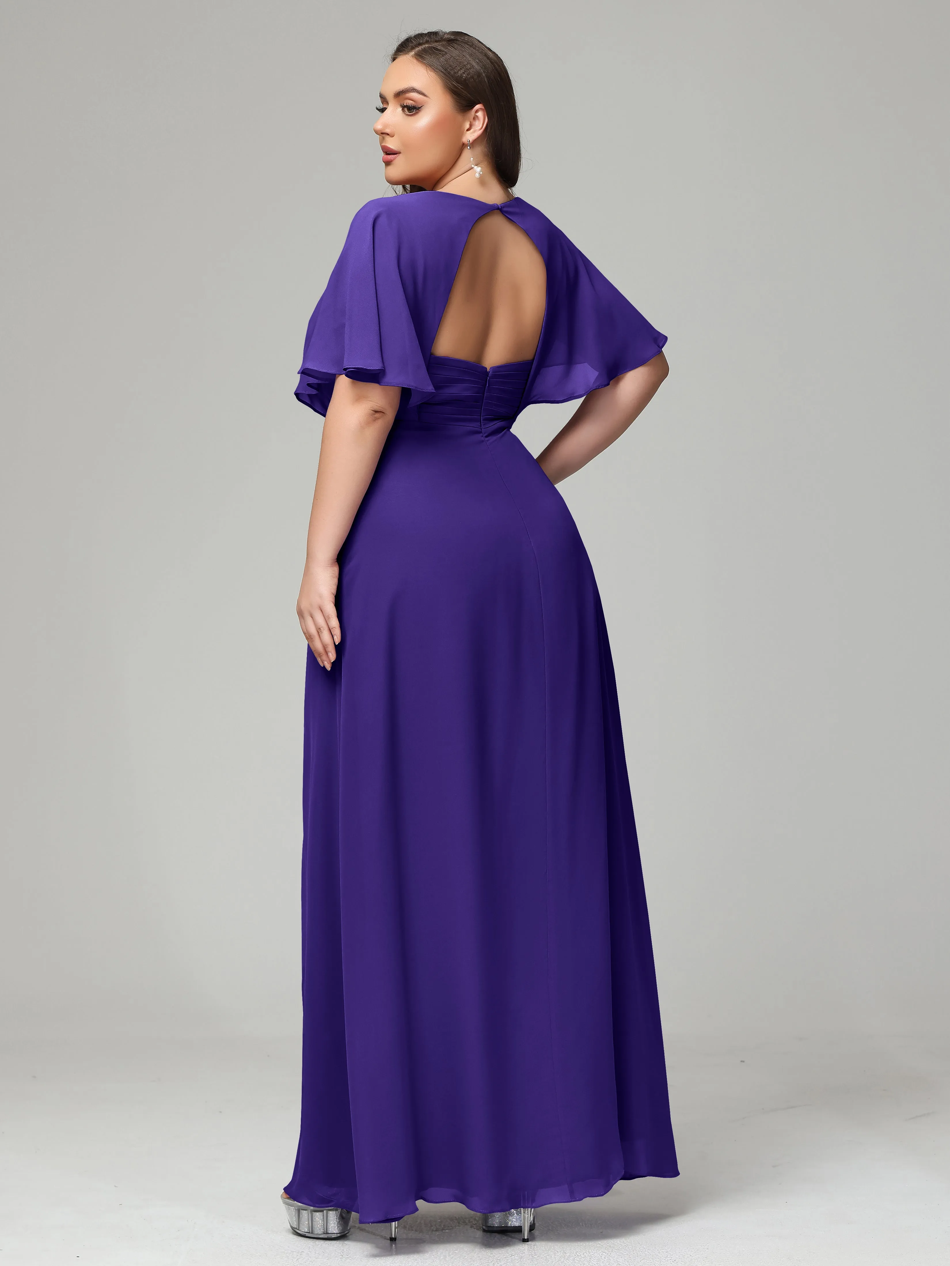 Short Sleeves Chiffon Split Long Plus Bridesmaid Dresses