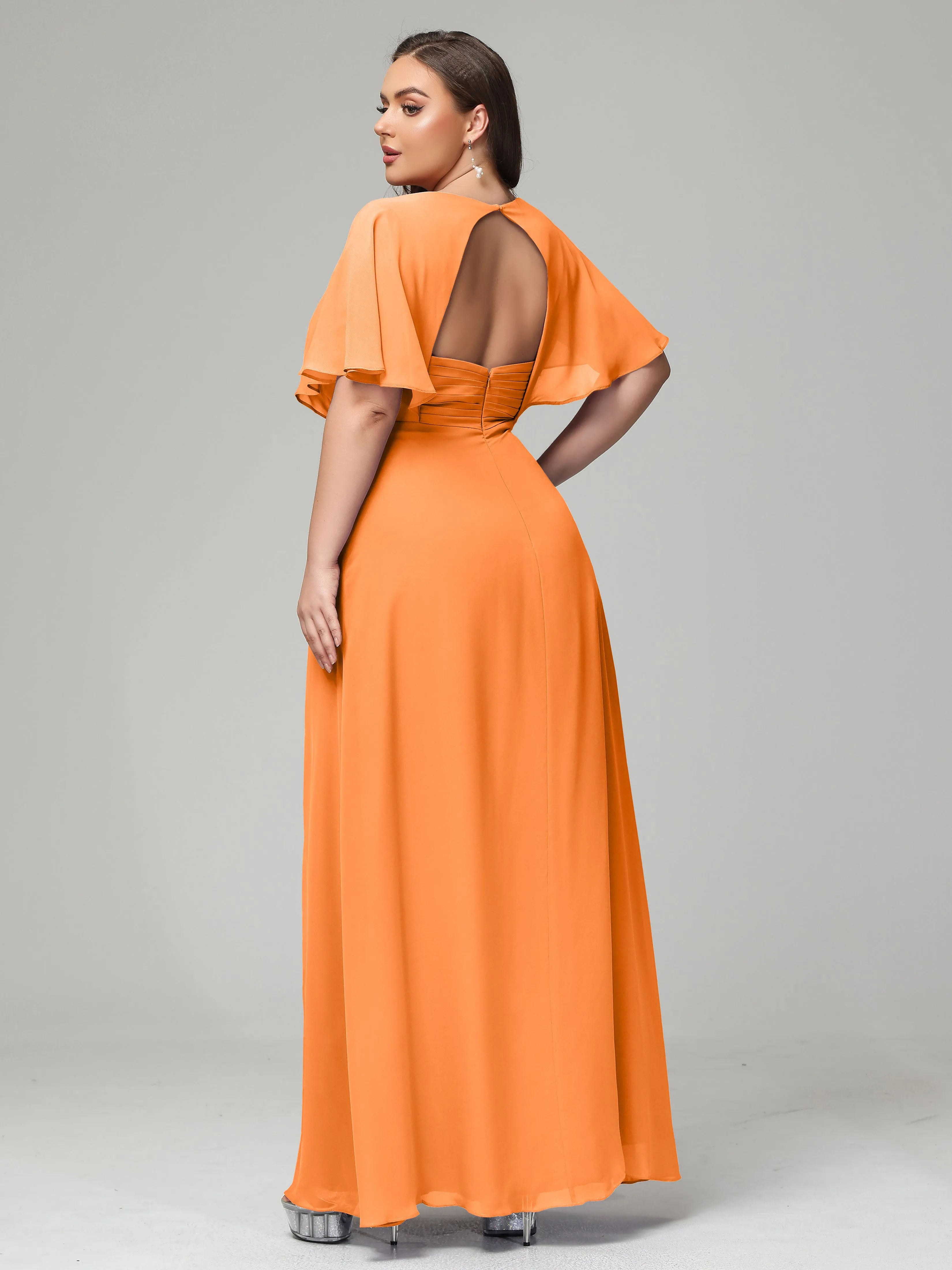 Short Sleeves Chiffon Split Long Plus Bridesmaid Dresses